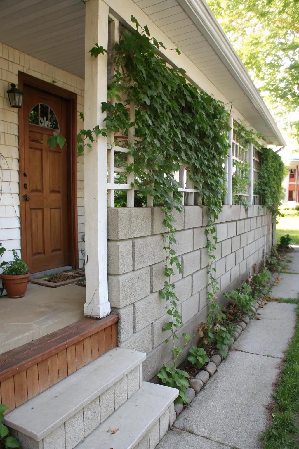 A serene porch retreat with a cinder block privacy wall.