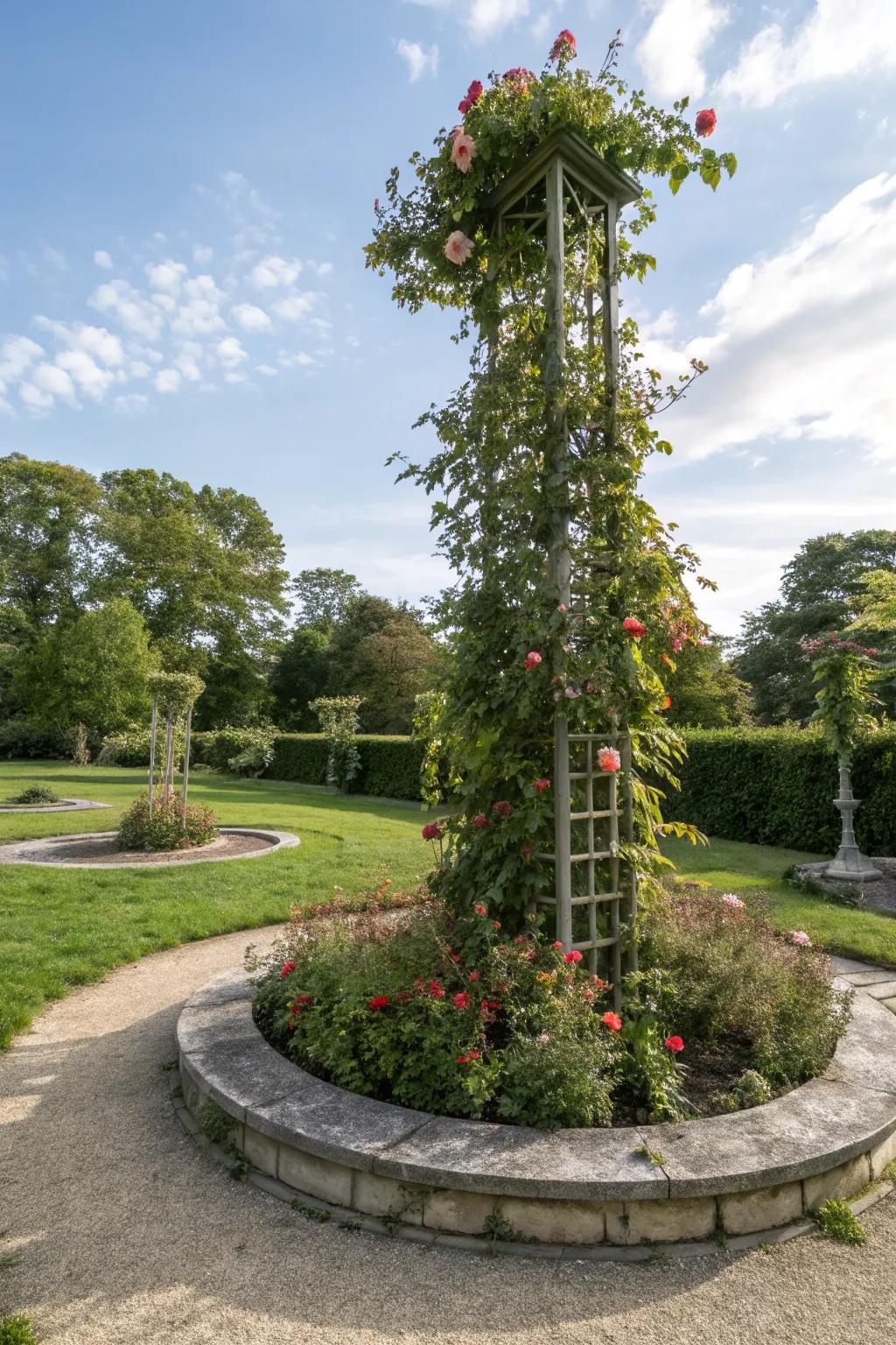 A trellis with climbers adds vertical interest to a circular garden.