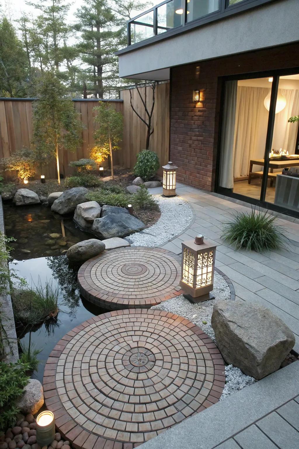 Create a tranquil Zen space with circular bricks and minimalist design.