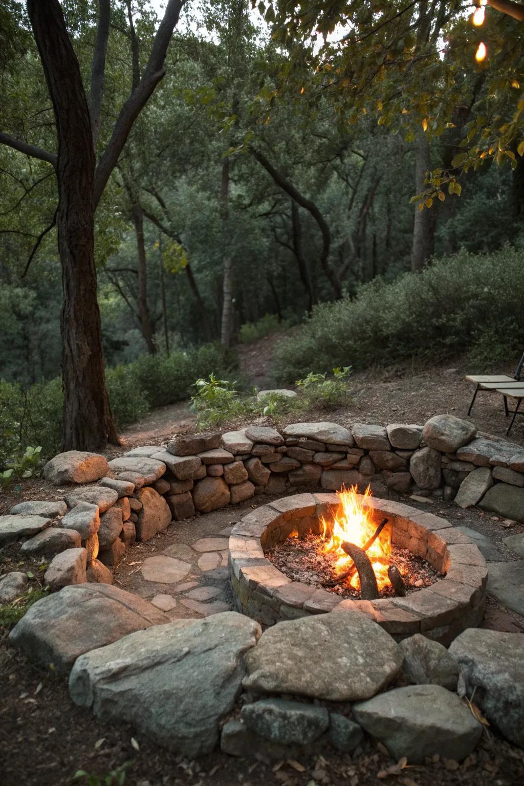 Rock seating provides a natural and durable option around a fire pit.
