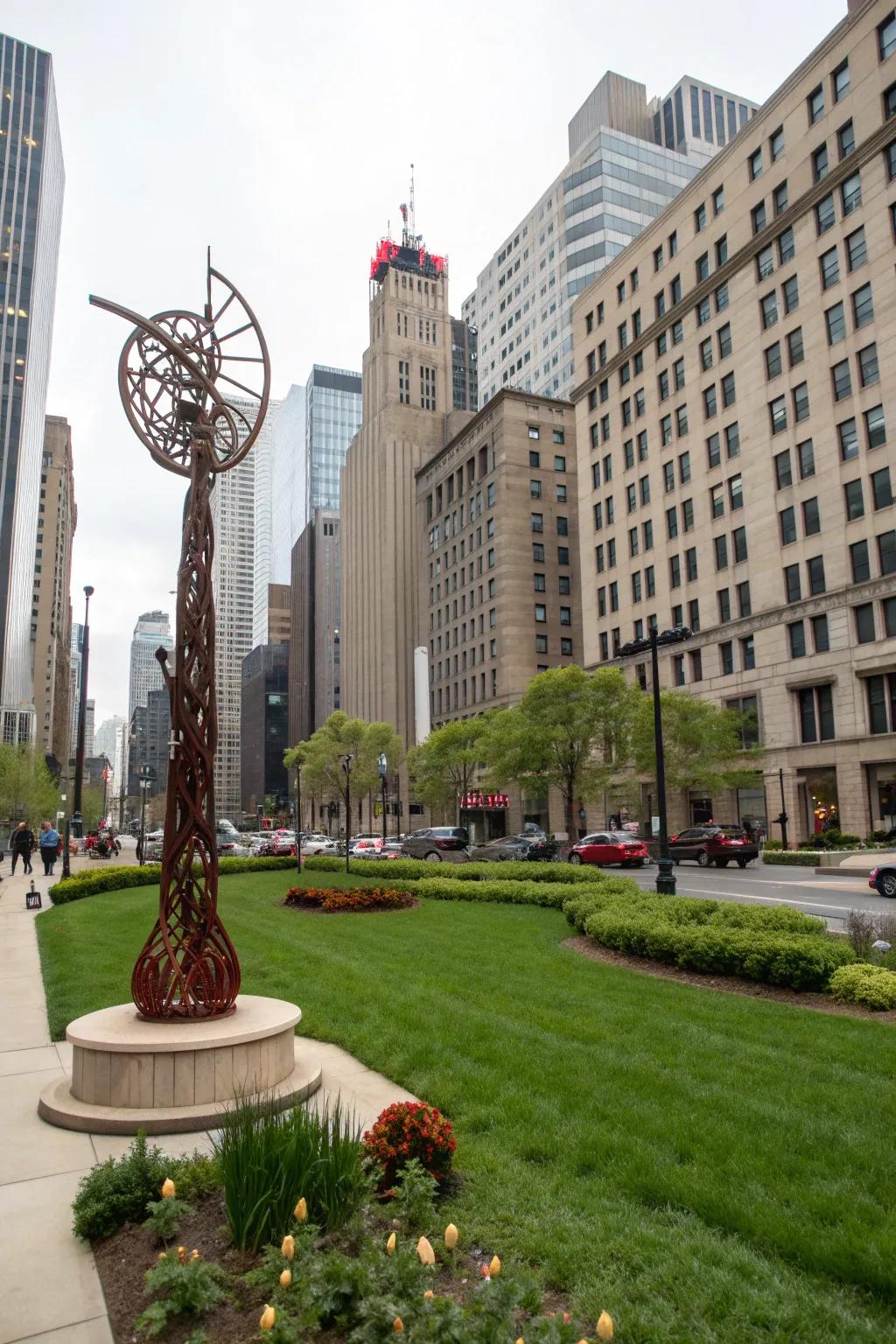 A unique artistic sculpture adding character to a city front yard.