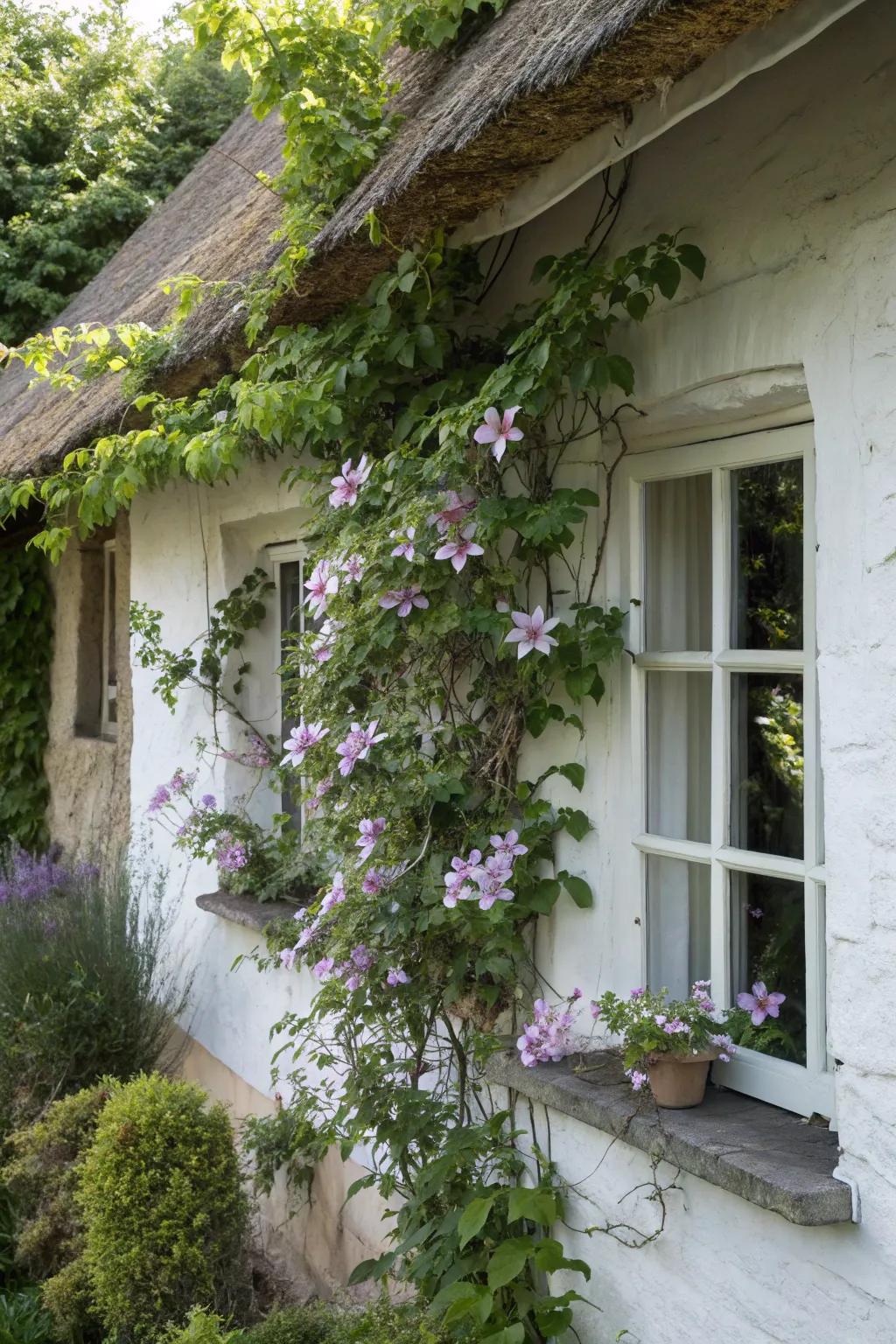 Clematis framing a cottage window beautifully.