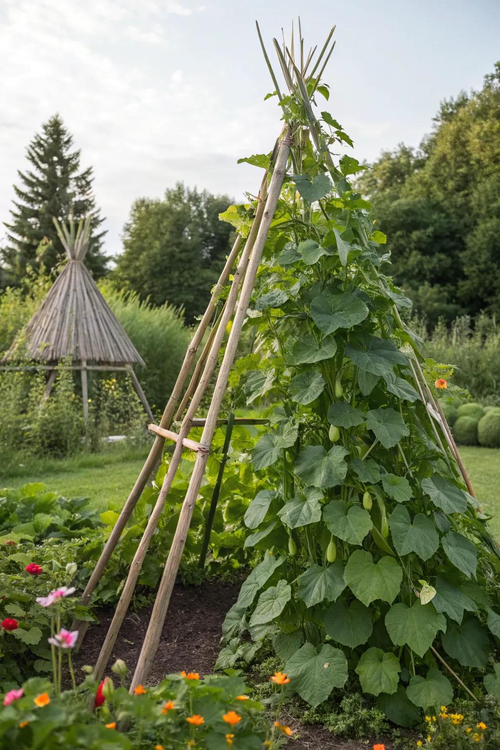 Eco-friendly bamboo teepee for flourishing cucumbers.