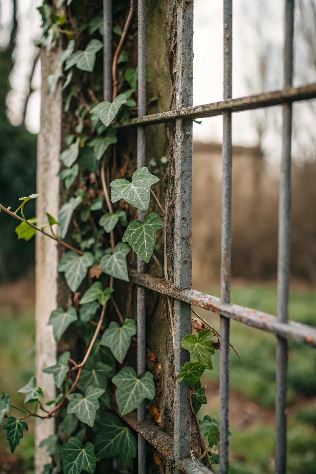 A modern metal grid supporting a vertical ivy garden