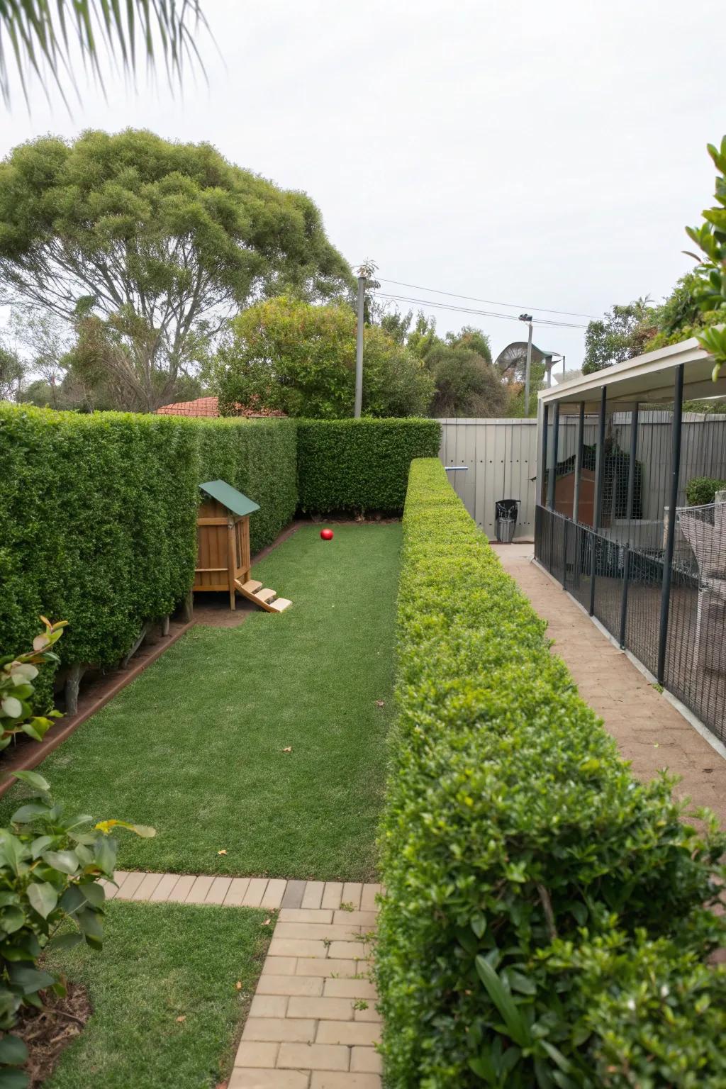 Pet-friendly zones with clusia hedges.