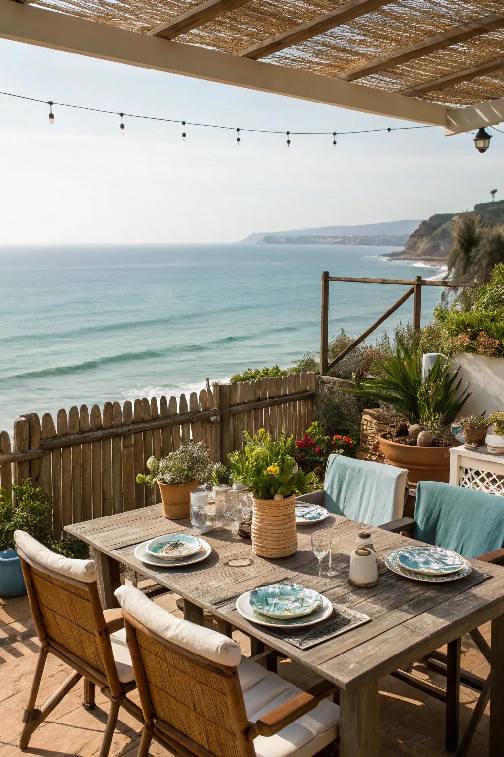 An outdoor dining area enhances the functionality of a coastal patio.