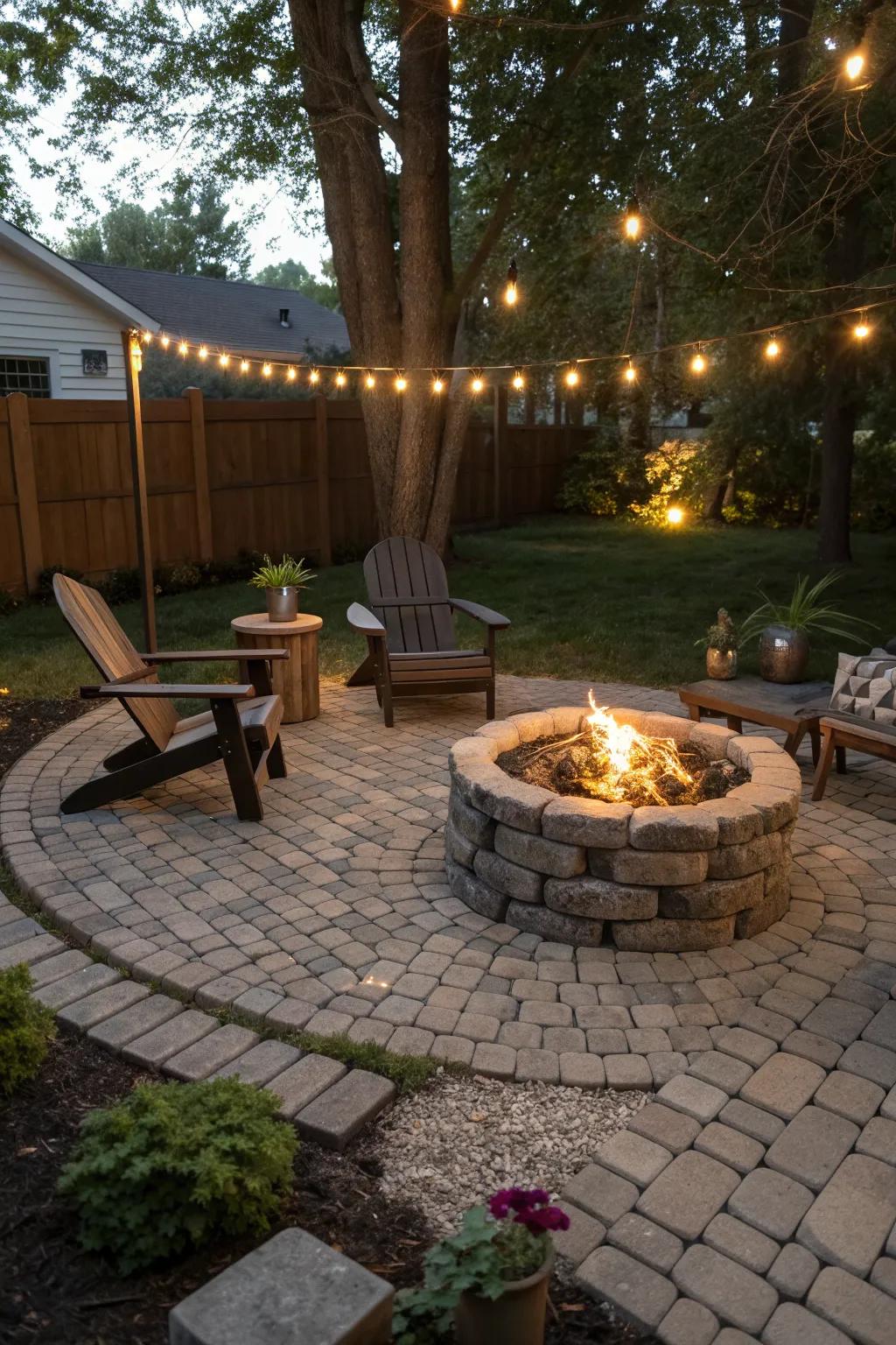 A rustic cobblestone fire pit area.