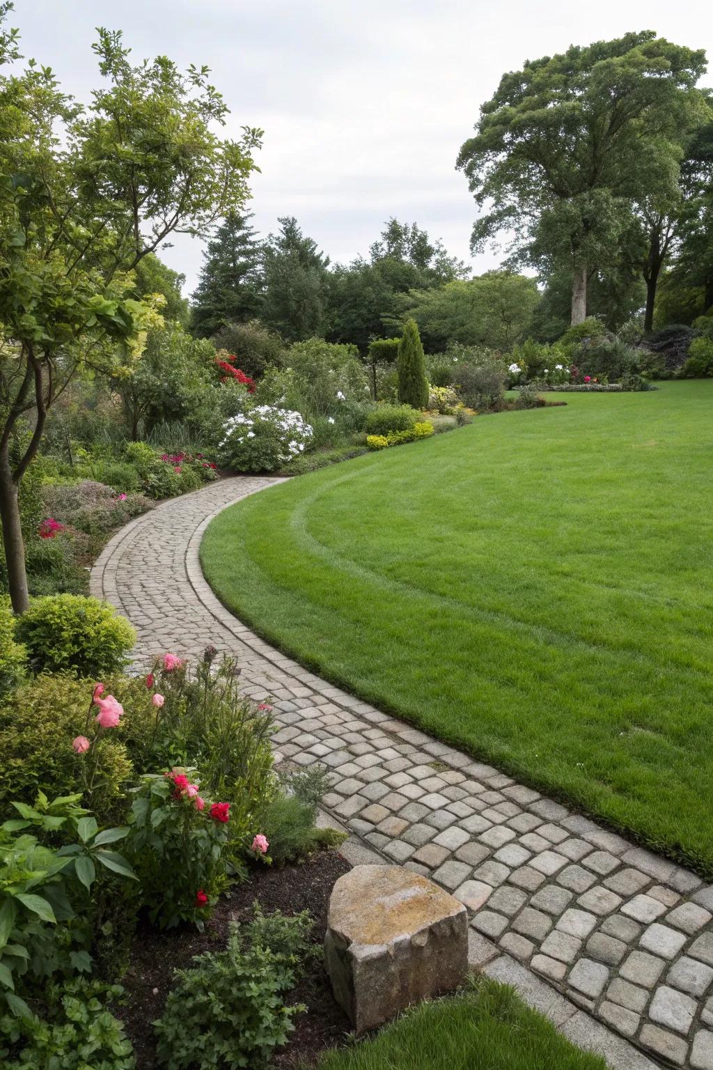 A chic cobblestone border that frames a lush lawn beautifully.