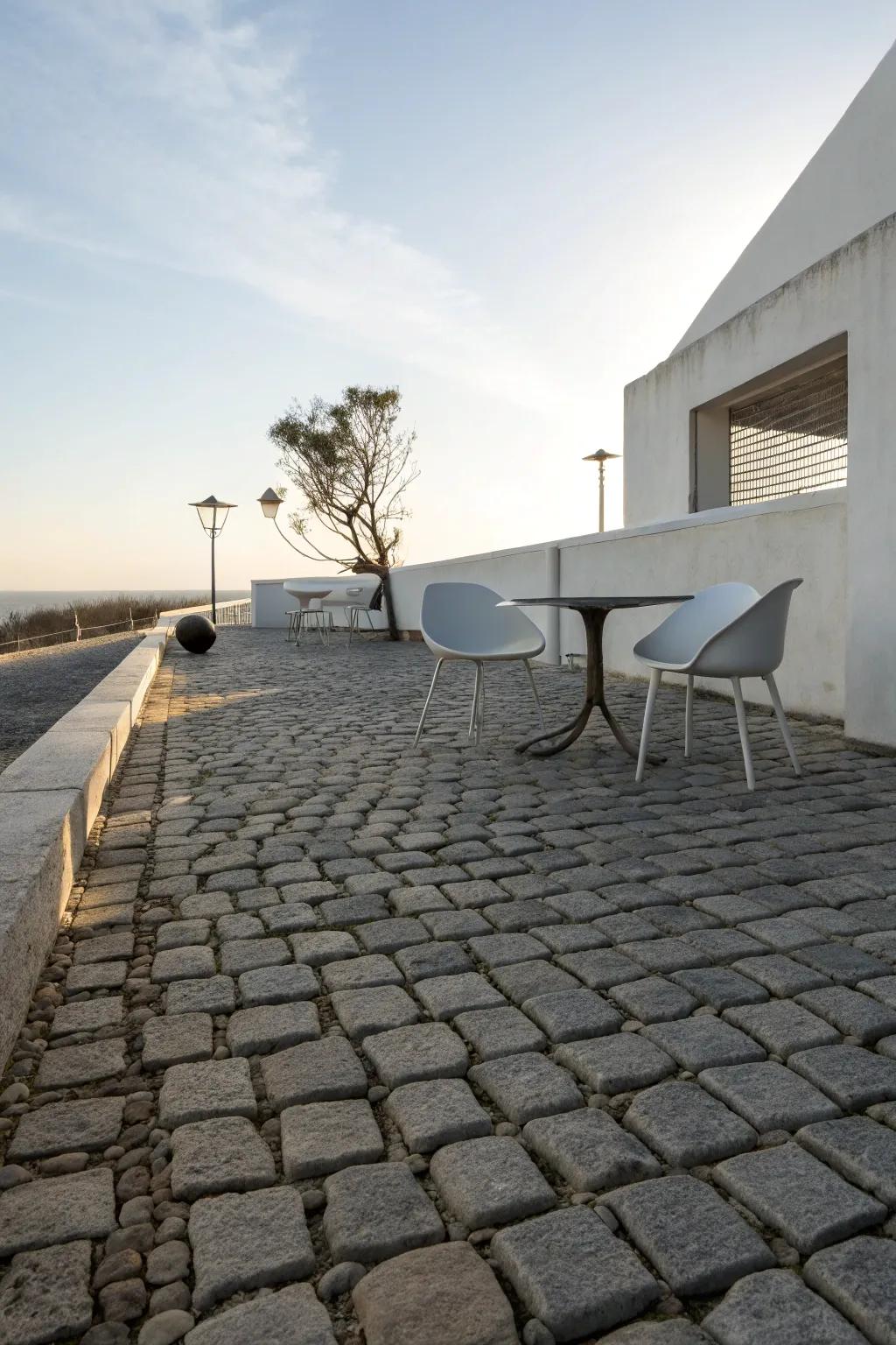 Blend tradition with modern style using cobblestones and minimalist design.