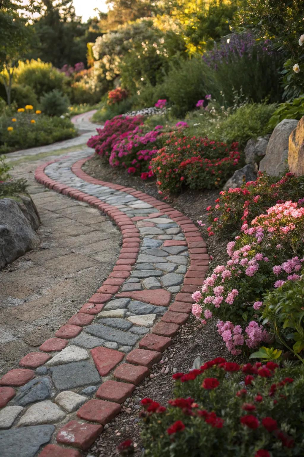 A colorful cobblestone path with varied stone hues for visual appeal.
