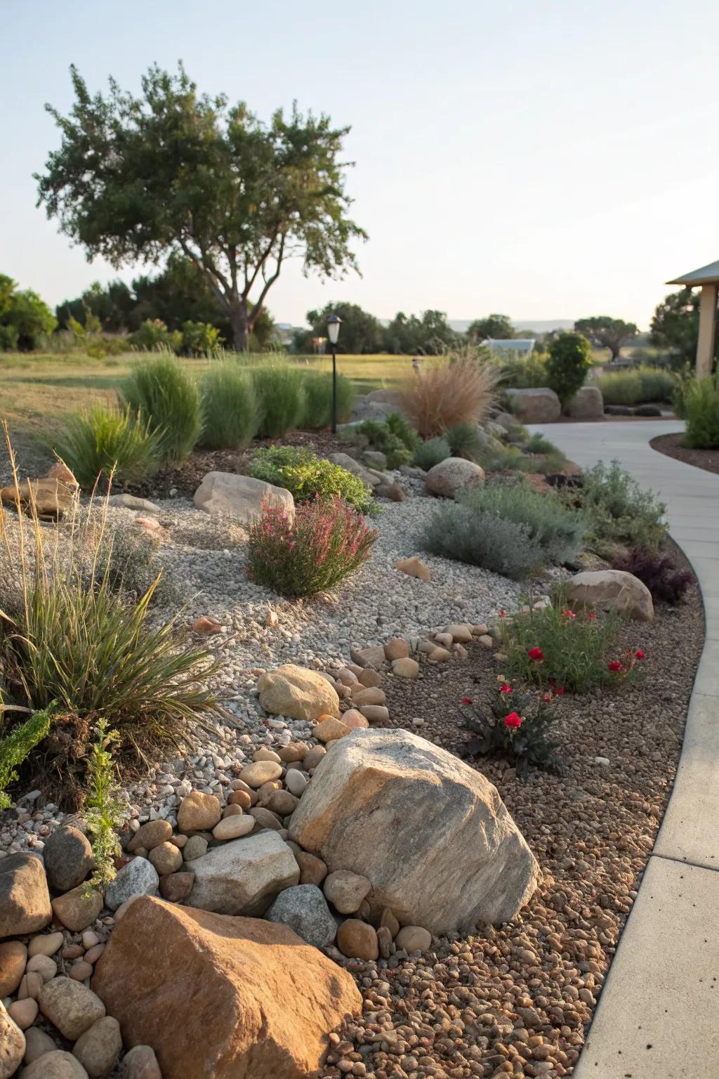 Gravel mulch and accent rocks create texture in a xeriscape.