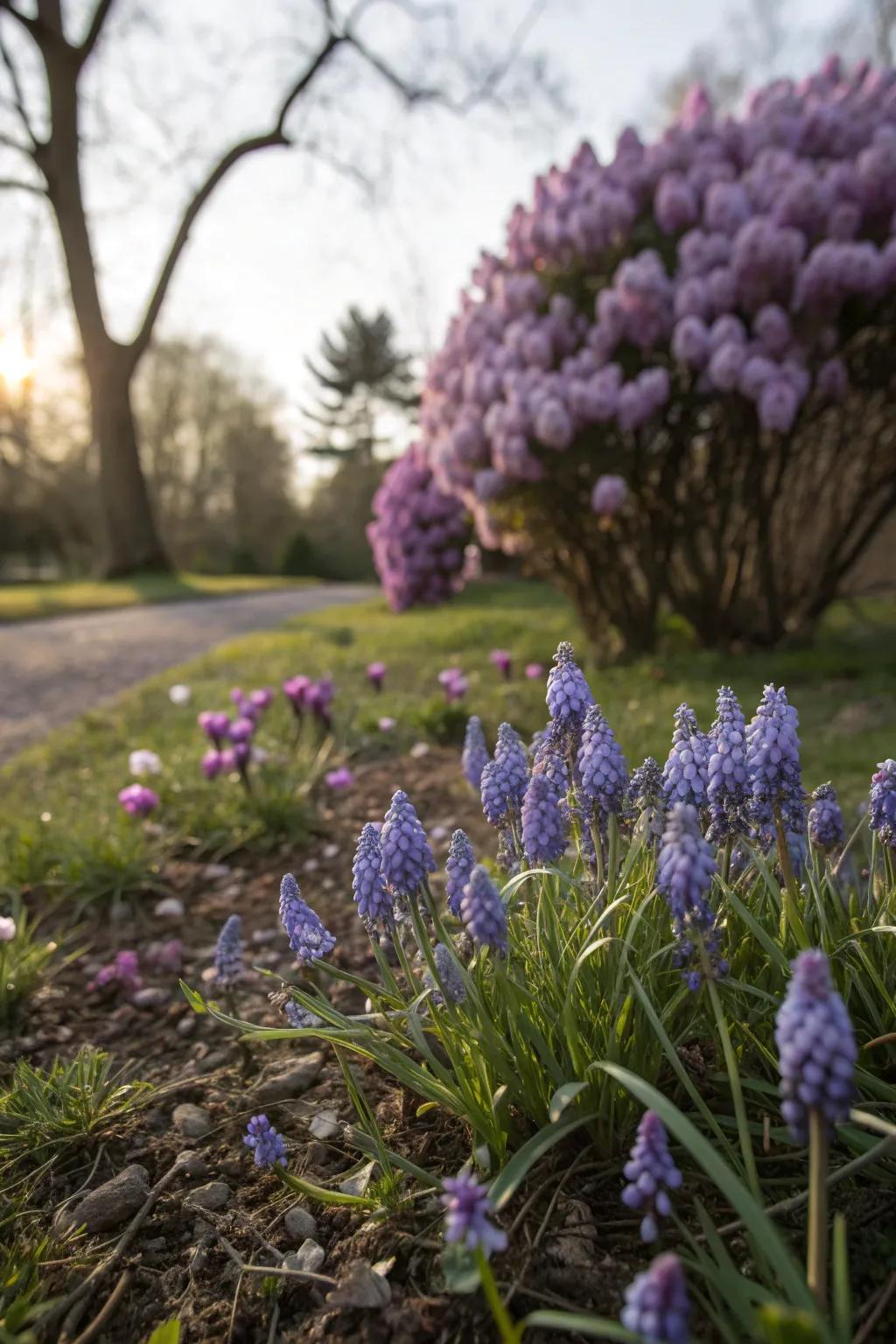 Grape hyacinths add a fragrant layer beneath lilacs.