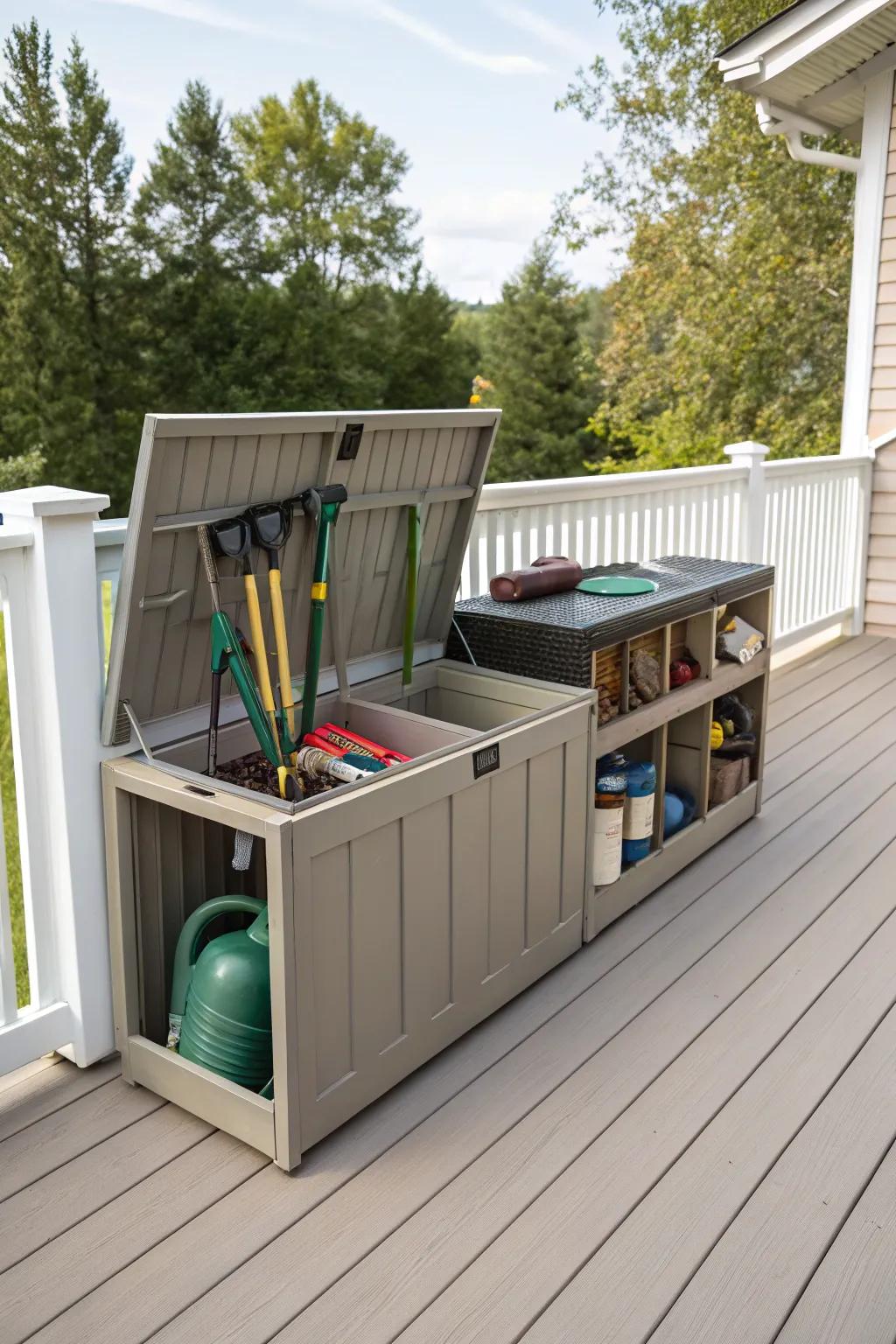 Keep your deck tidy with hidden storage solutions.