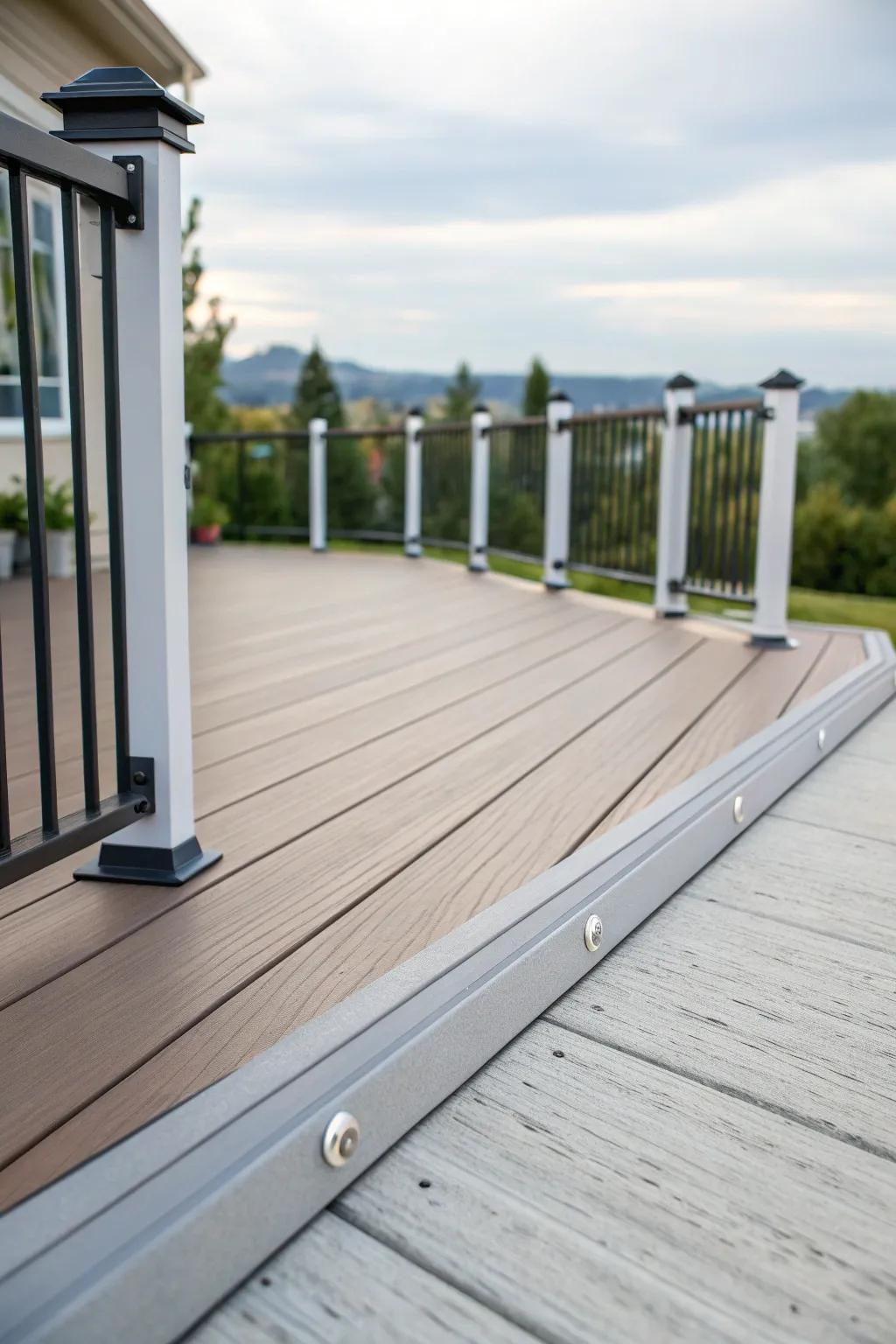Composite deck with end caps, offering a clean and tidy finish to board edges.