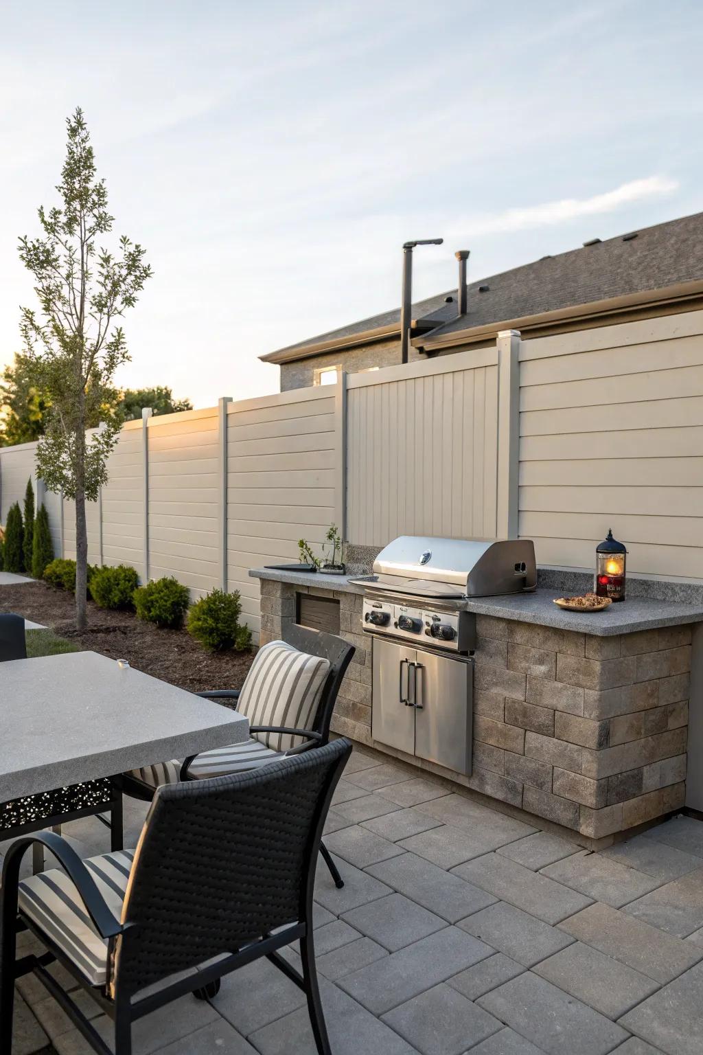 An outdoor kitchen setup against a composite fence is perfect for entertaining.