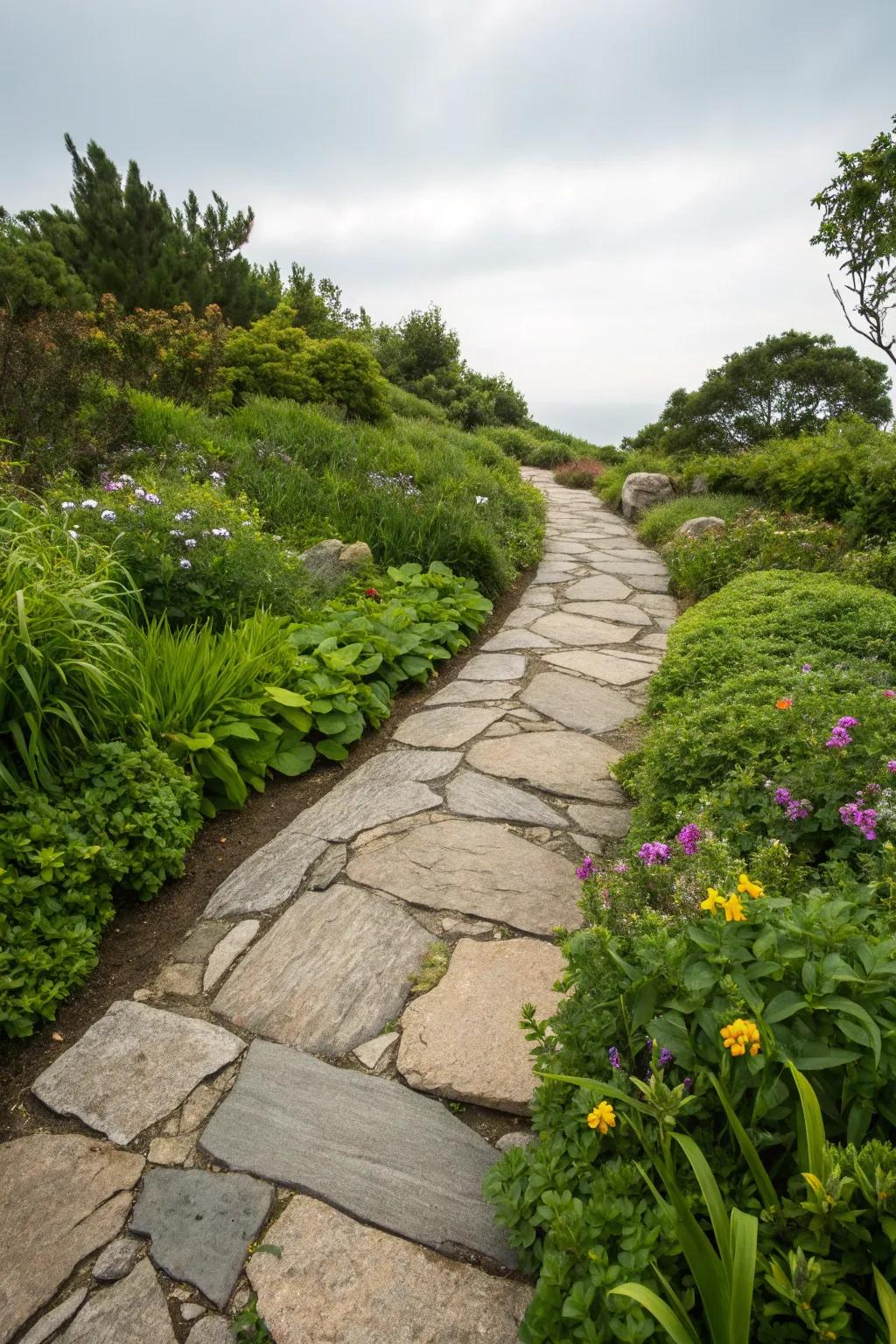 A rustic composite pathway beautifully framed by natural stones.