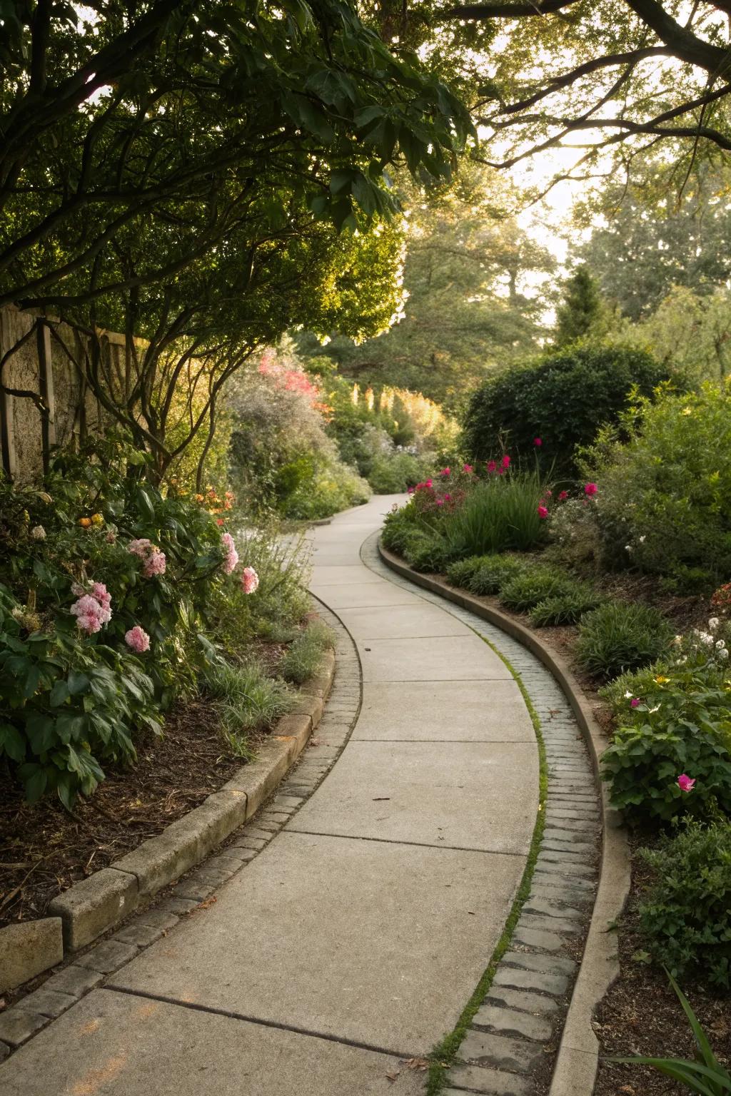 A classic poured concrete pathway winding elegantly through a garden.