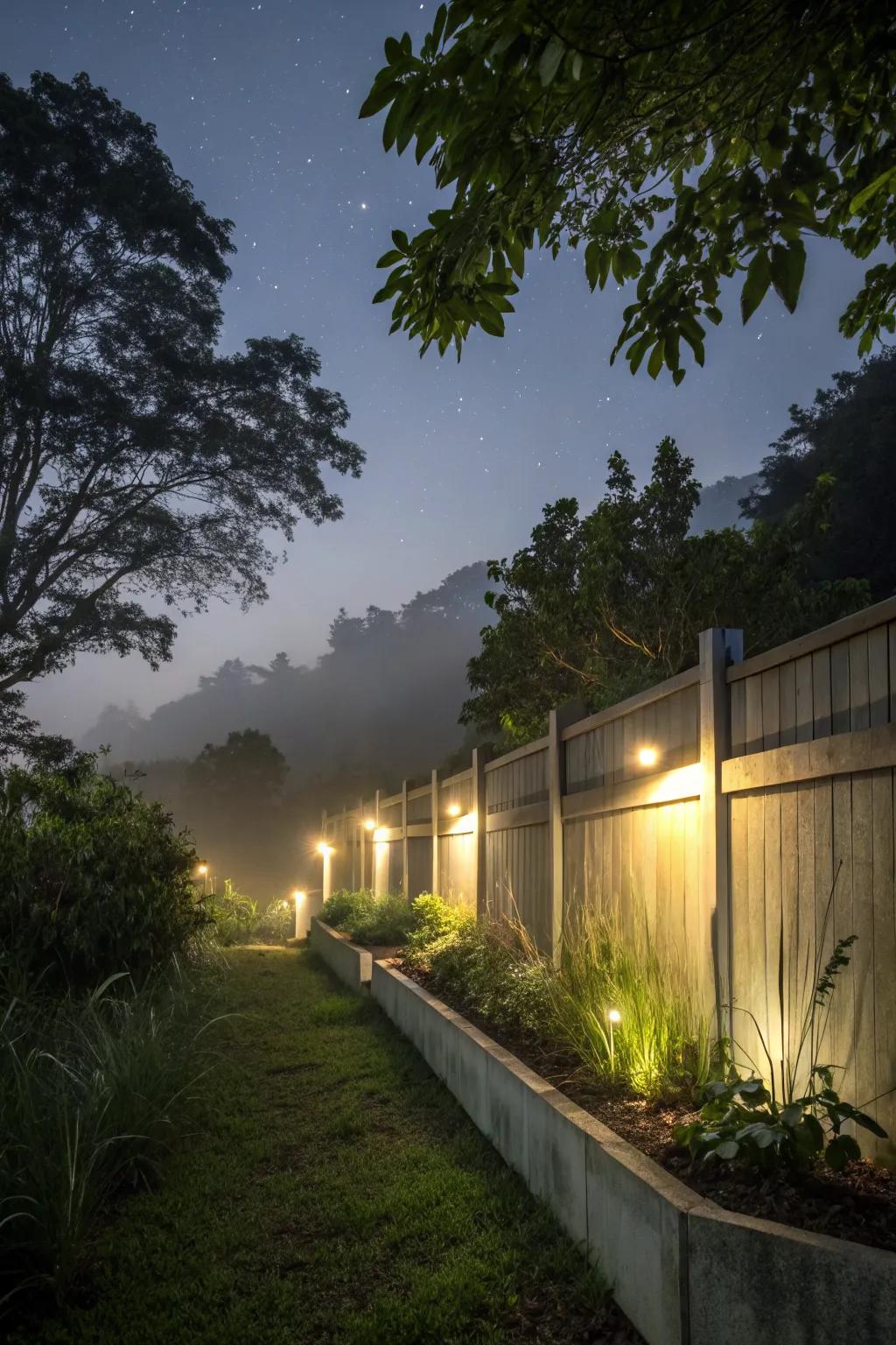 Integrated lighting adds drama to this concrete fence.