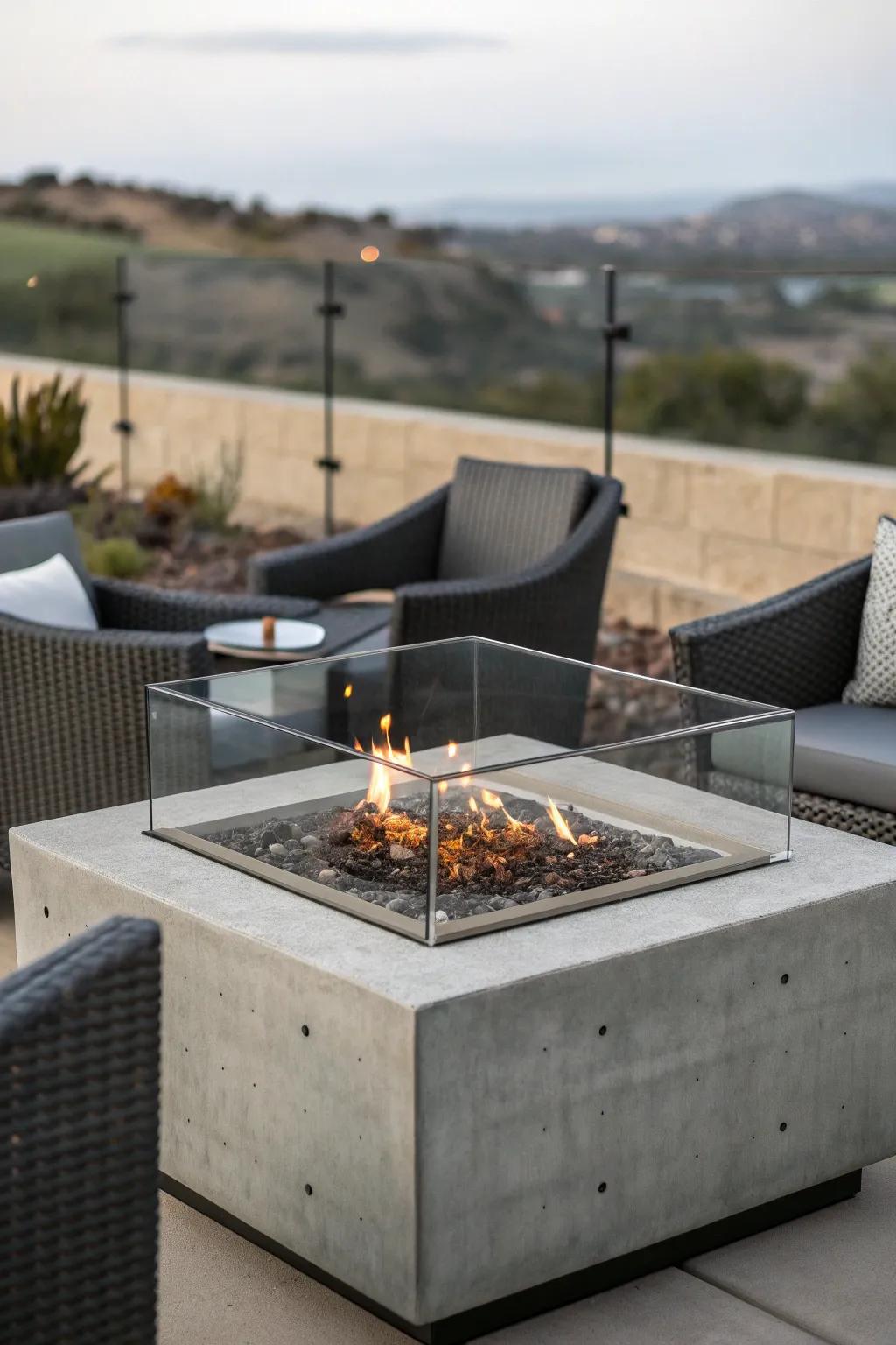 A glass guard adds modern flair and safety to this fire pit.
