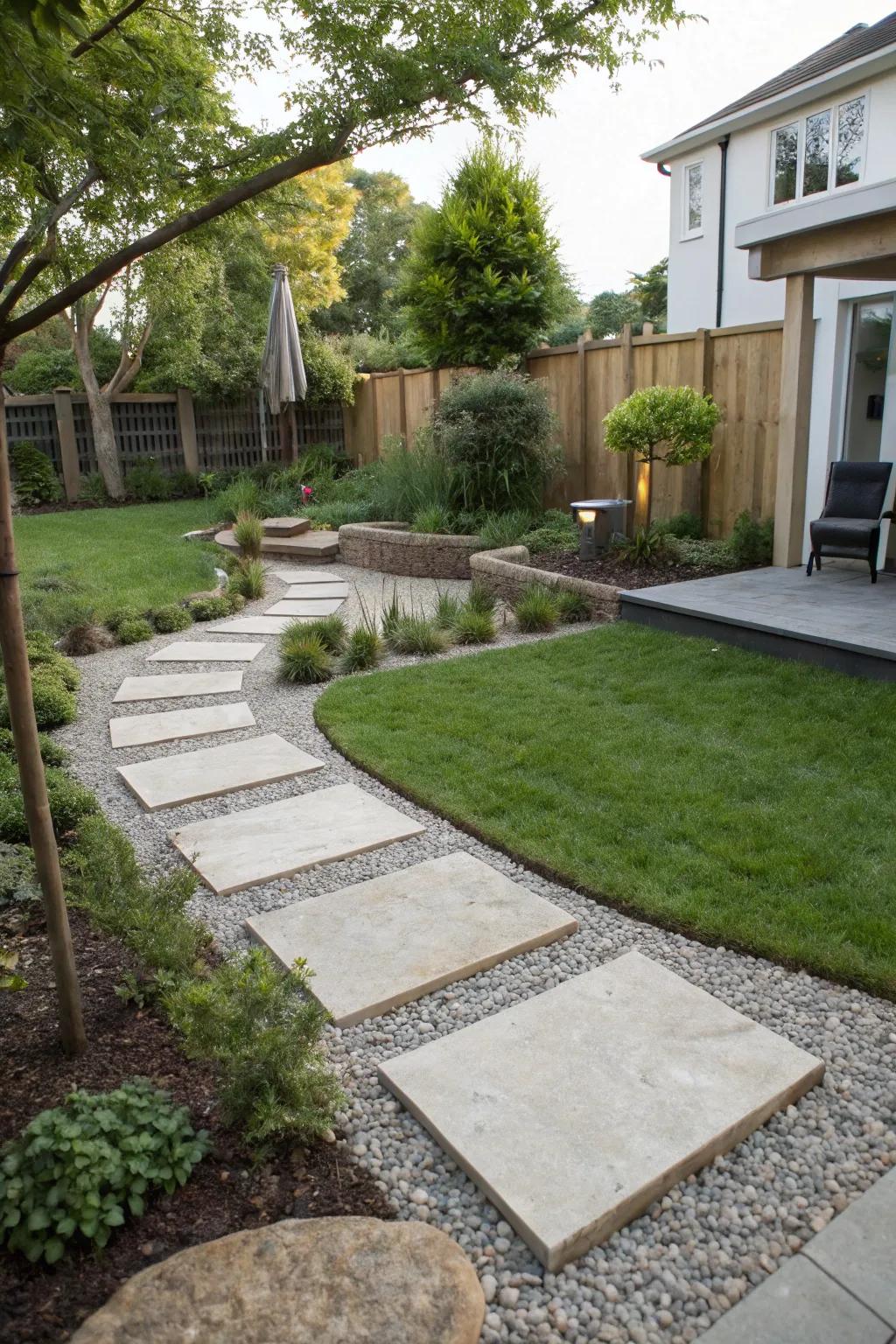 Gravel pathways provide texture and guide foot traffic.