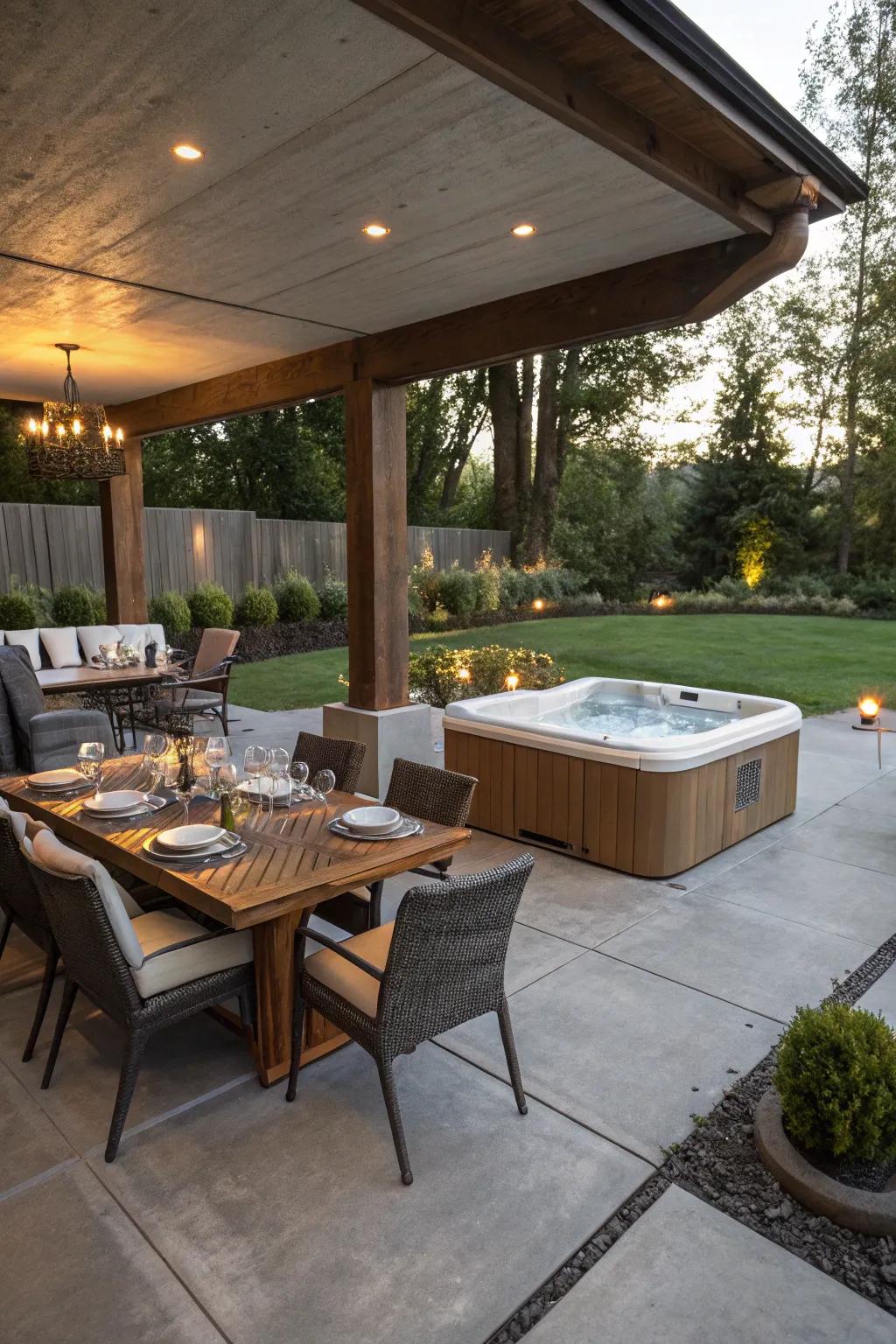 An outdoor dining area complements the relaxing atmosphere of a patio hot tub setup.