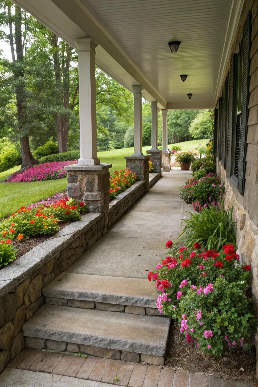 Concrete porch with elegant stone edging.