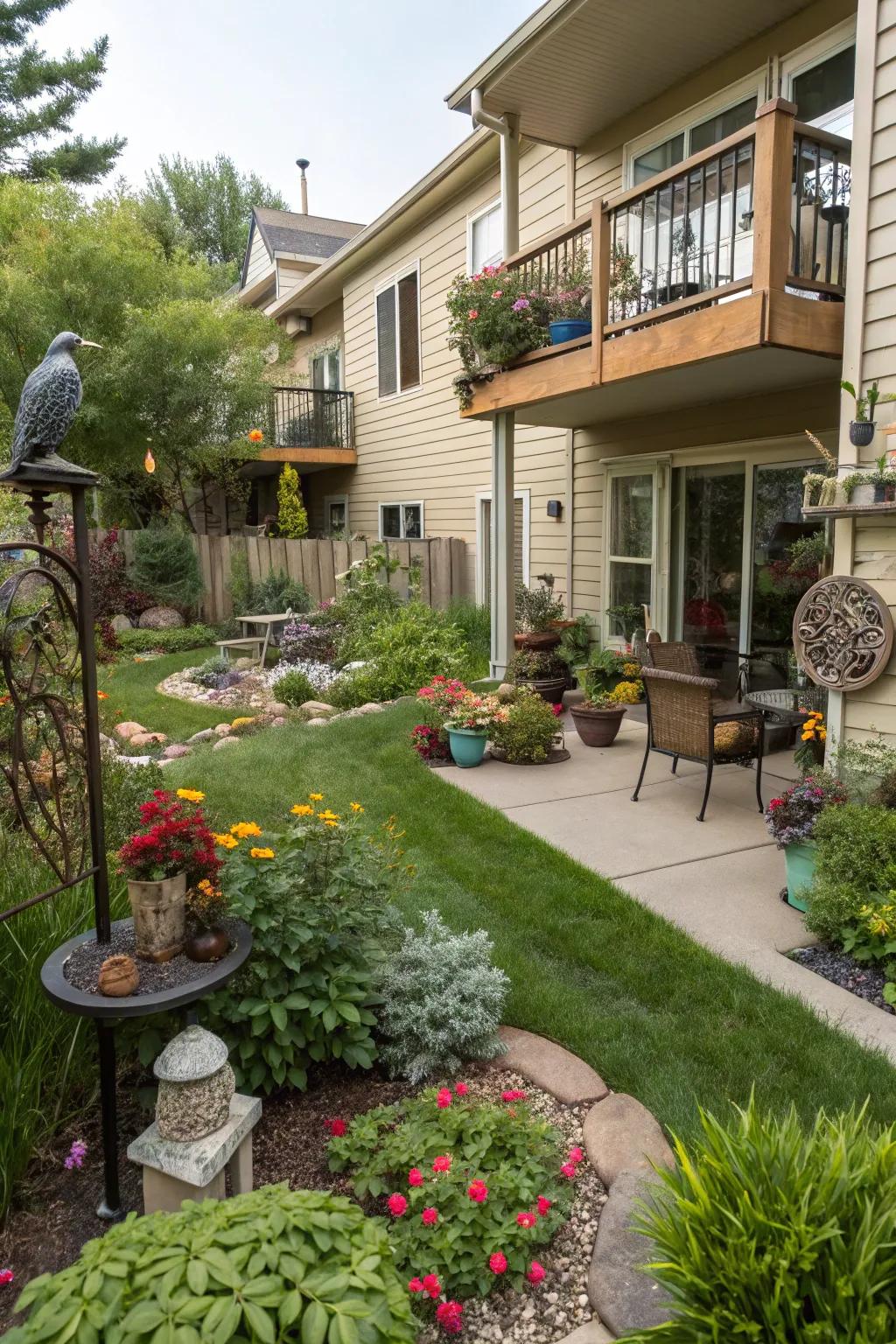 Decorative art pieces personalize and elevate a condo backyard.