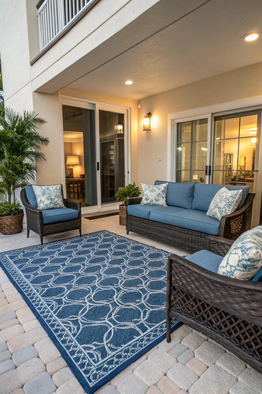 A plush outdoor rug enhancing a condo patio's elegance.