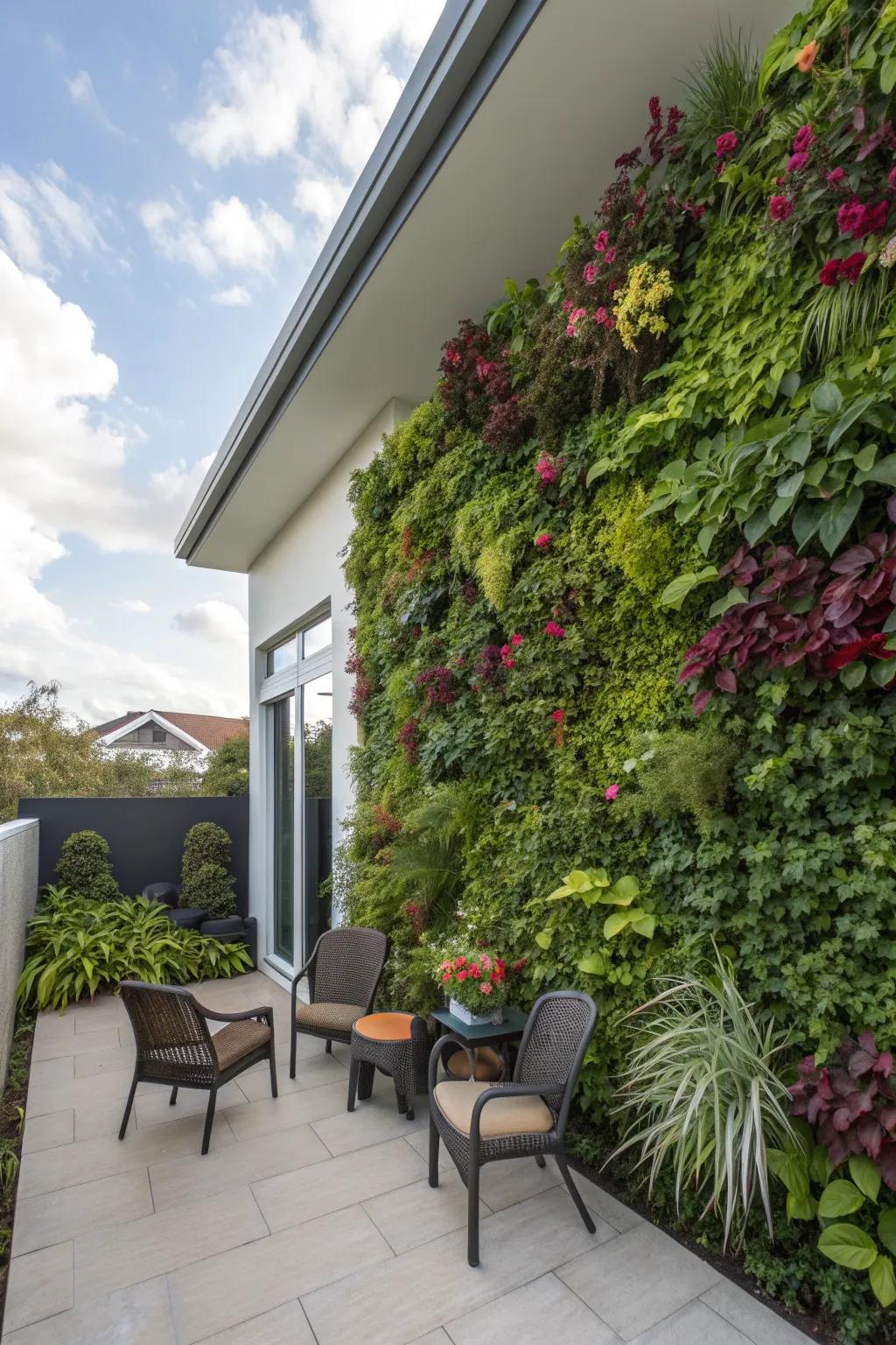 A patio with a stunning vertical garden as a focal point.