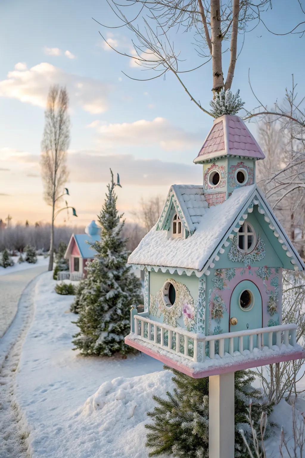 Winter wonderland: Pastel birdhouse village