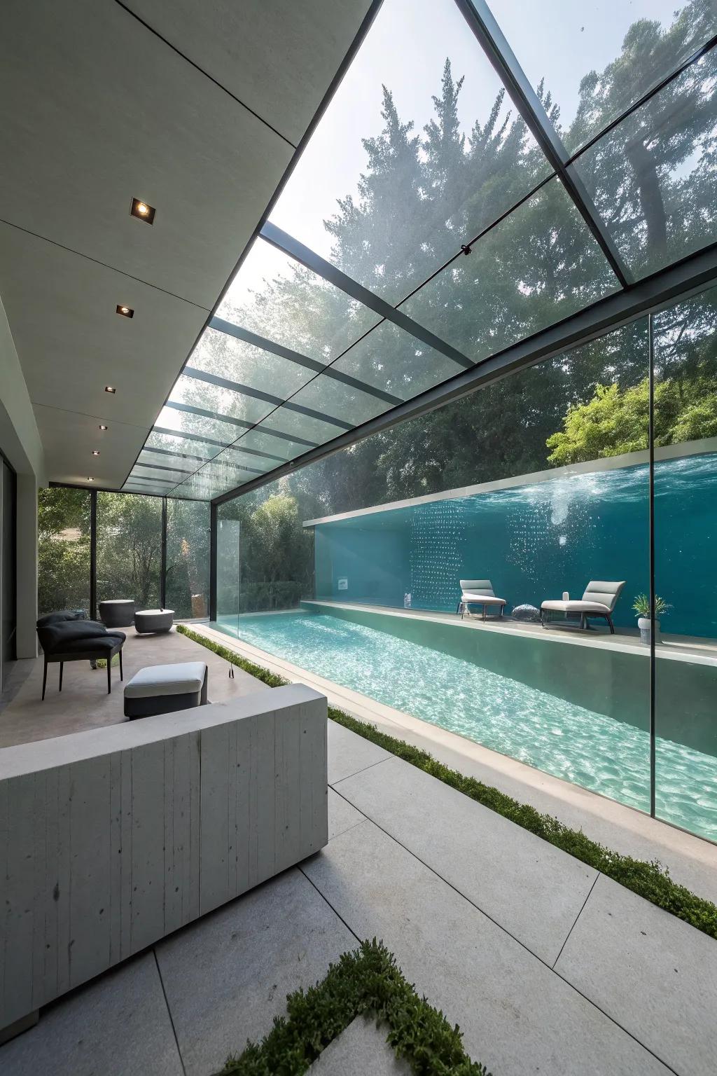 Experience elegance with glass pool walls.