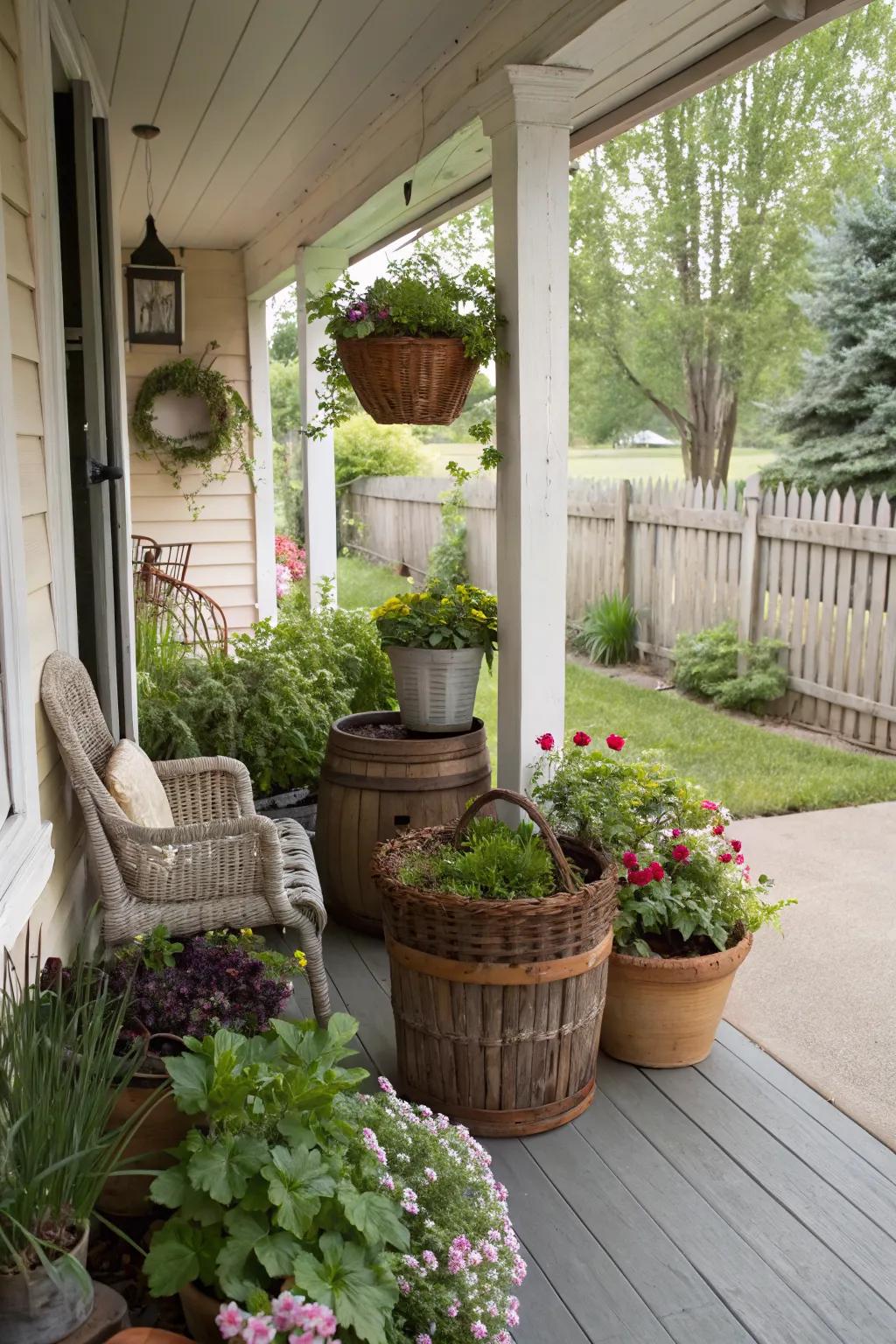 Add personality to your porch with unique planter displays.