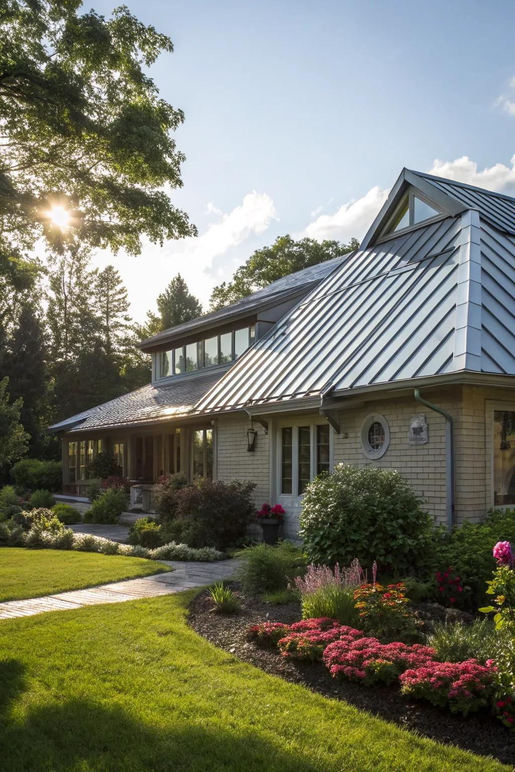 A home featuring a sleek, reflective metal roof.