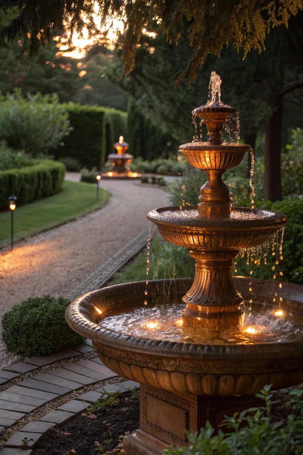 A copper fountain illuminated beautifully at night.