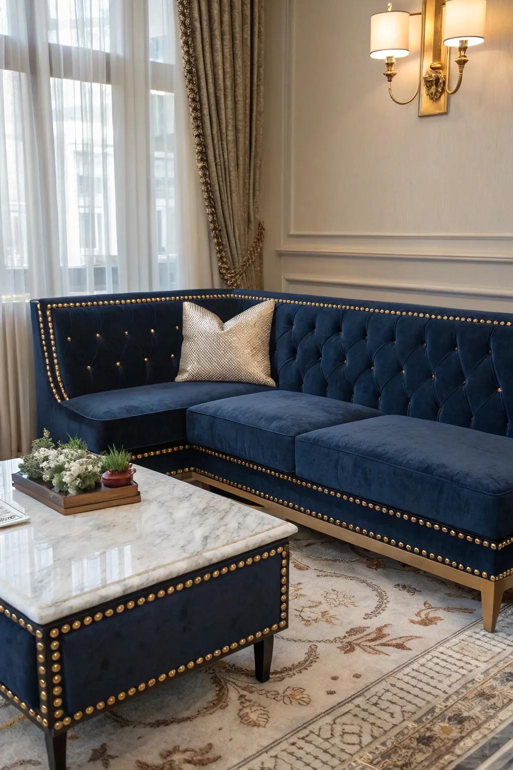 An elegant corner bench upholstered in rich velvet fabric.