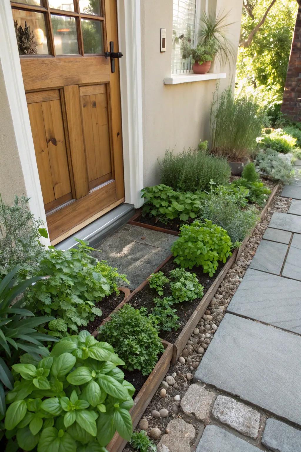 A herb corner provides fresh ingredients and delightful aromas.
