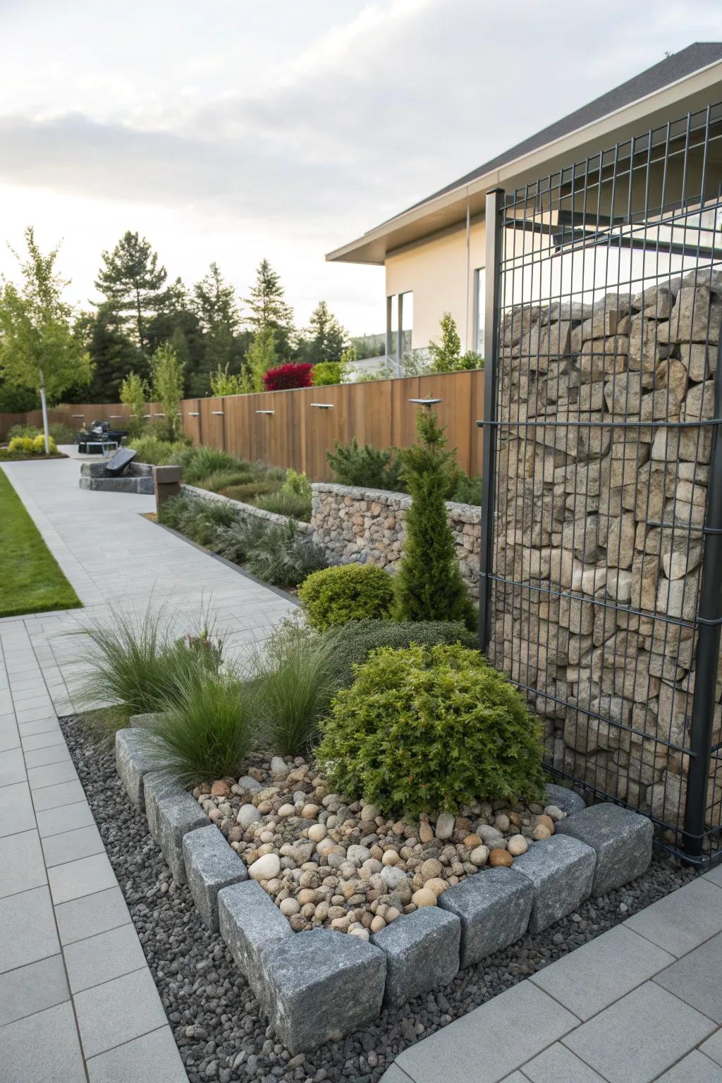 Gabion walls provide a unique, modern touch to your corner lot.