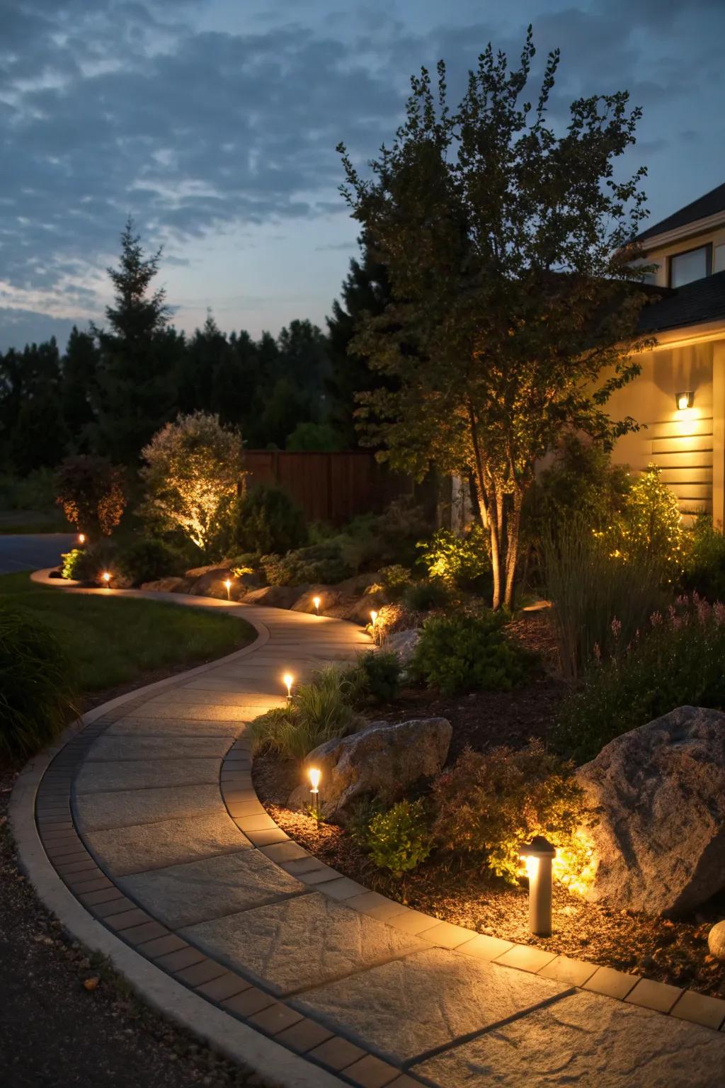 Soft lighting enhancing the nighttime beauty of a corner lot landscape.