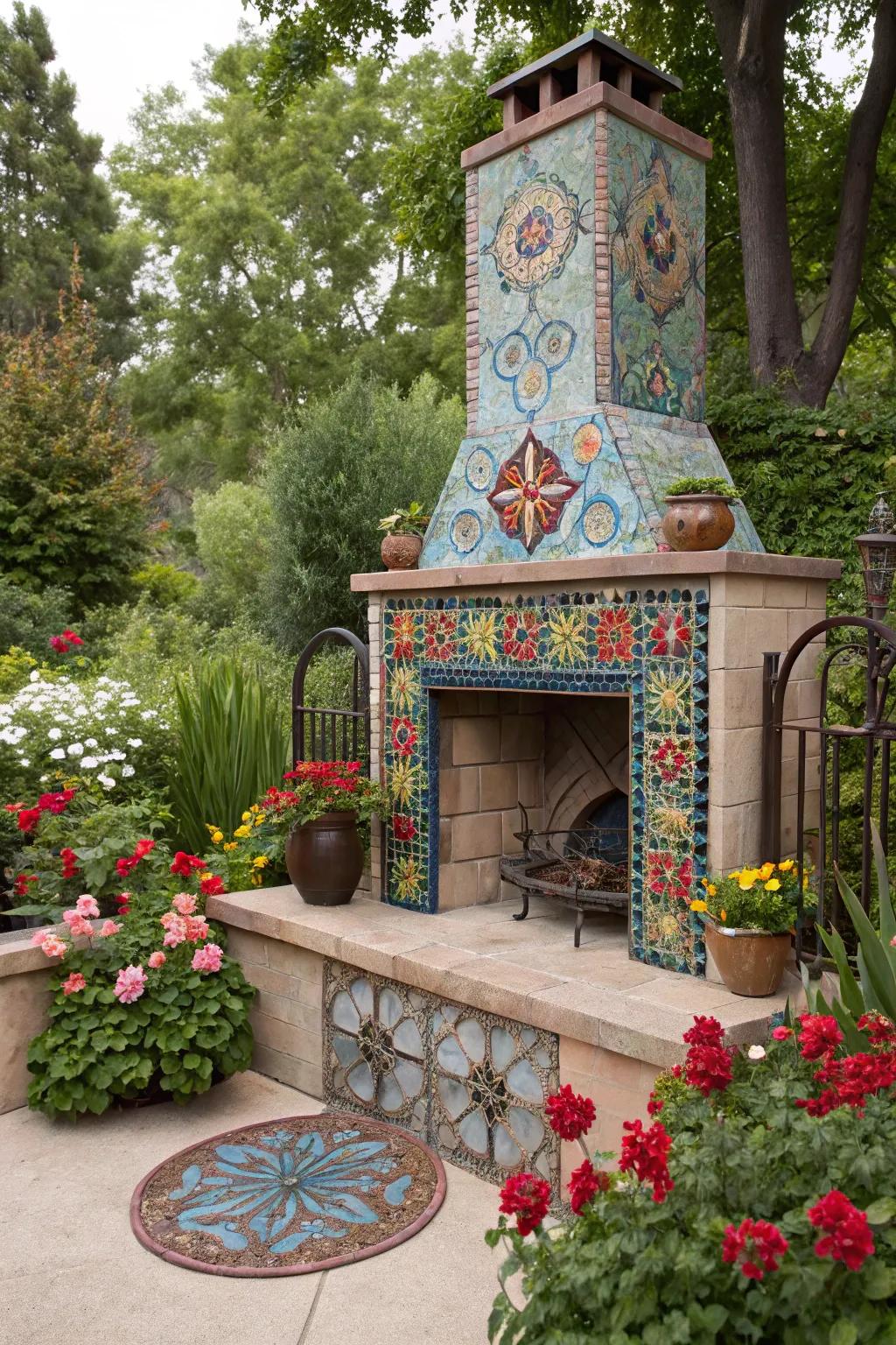 An artistic corner fireplace with colorful and creative elements.