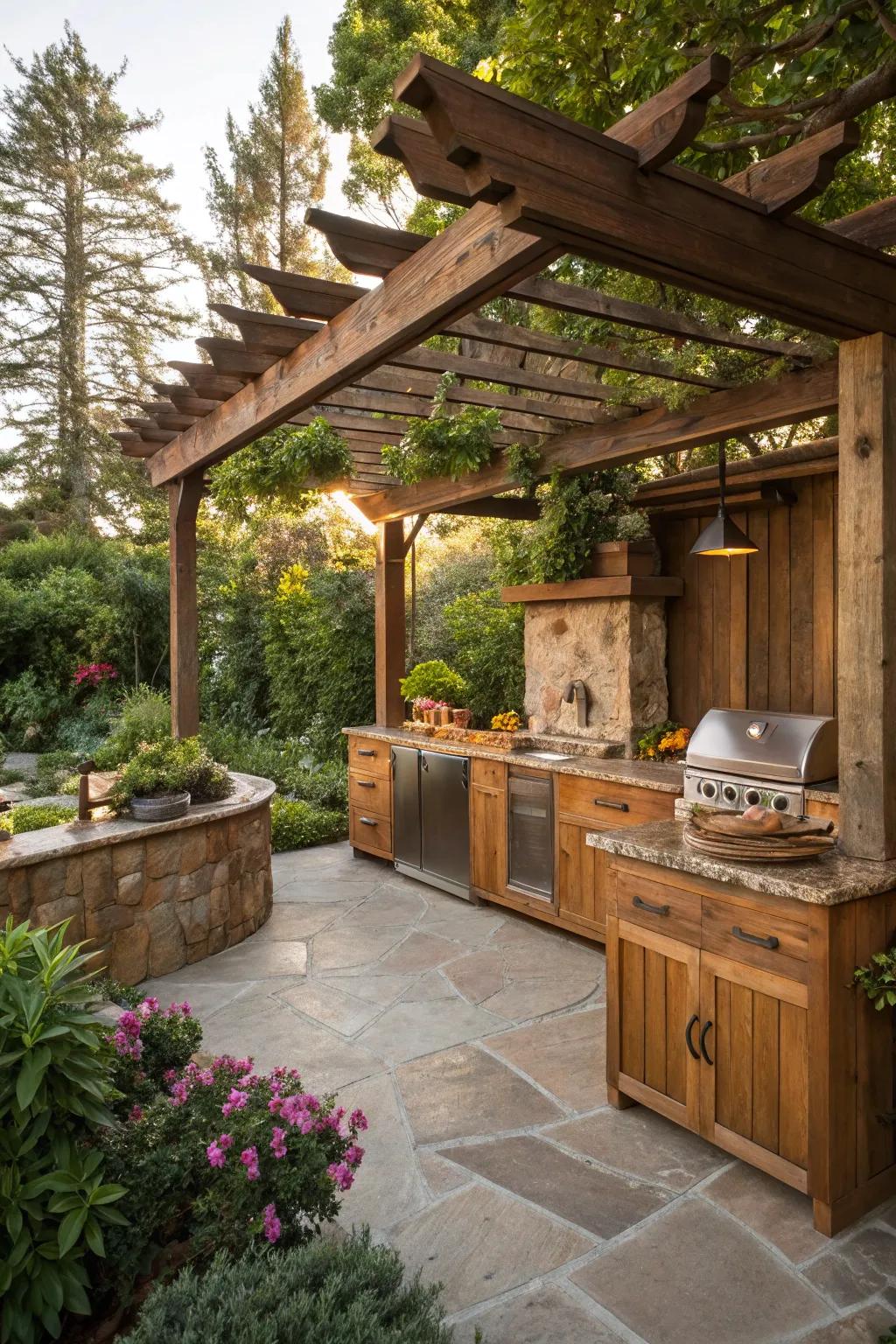 Rustic wood adds warmth and texture to your outdoor kitchen.