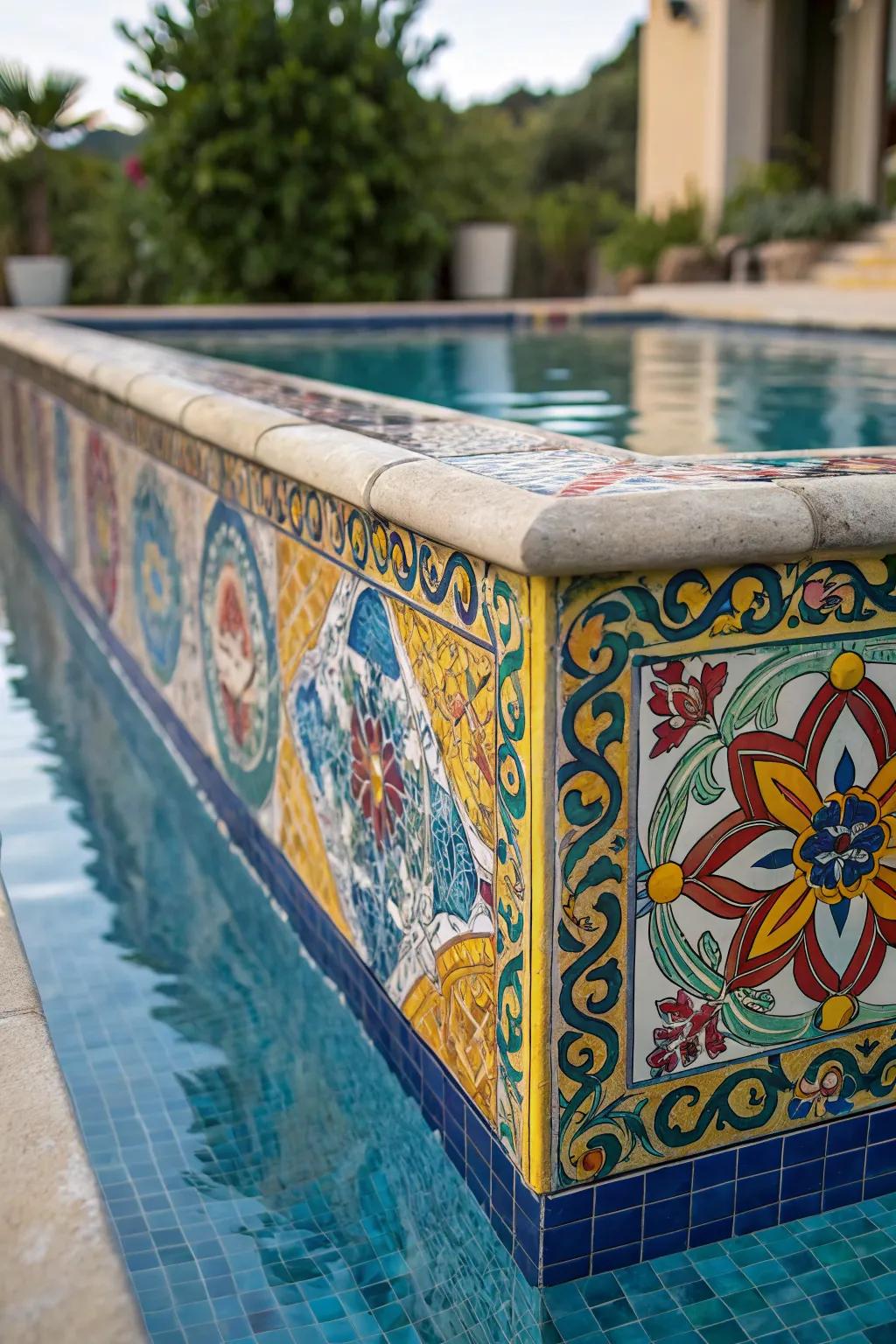 Mosaic tiles add artistic flair to pool designs.