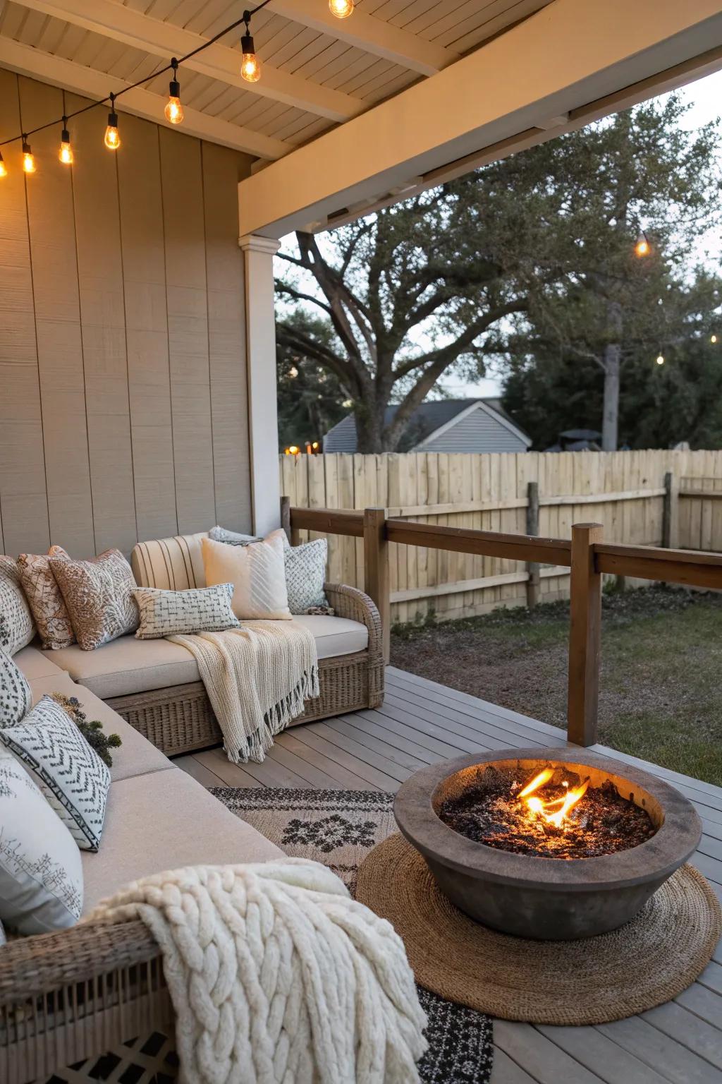 A fire feature providing warmth on a corner porch.