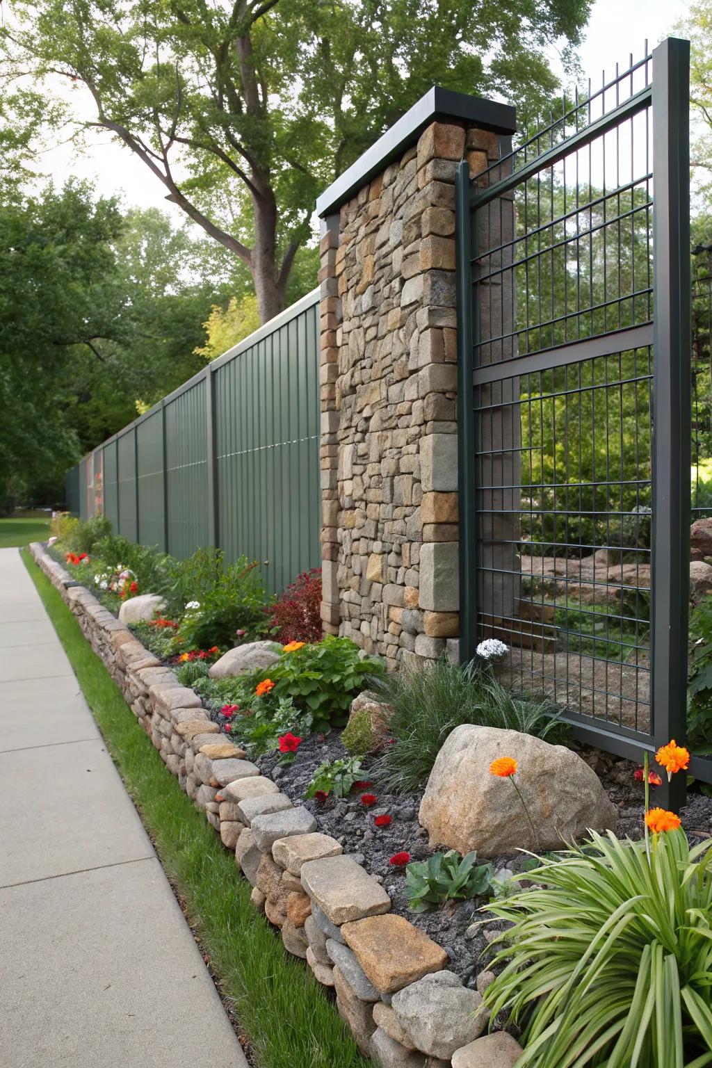 Create a standout fence by mixing metal with stone and glass elements.