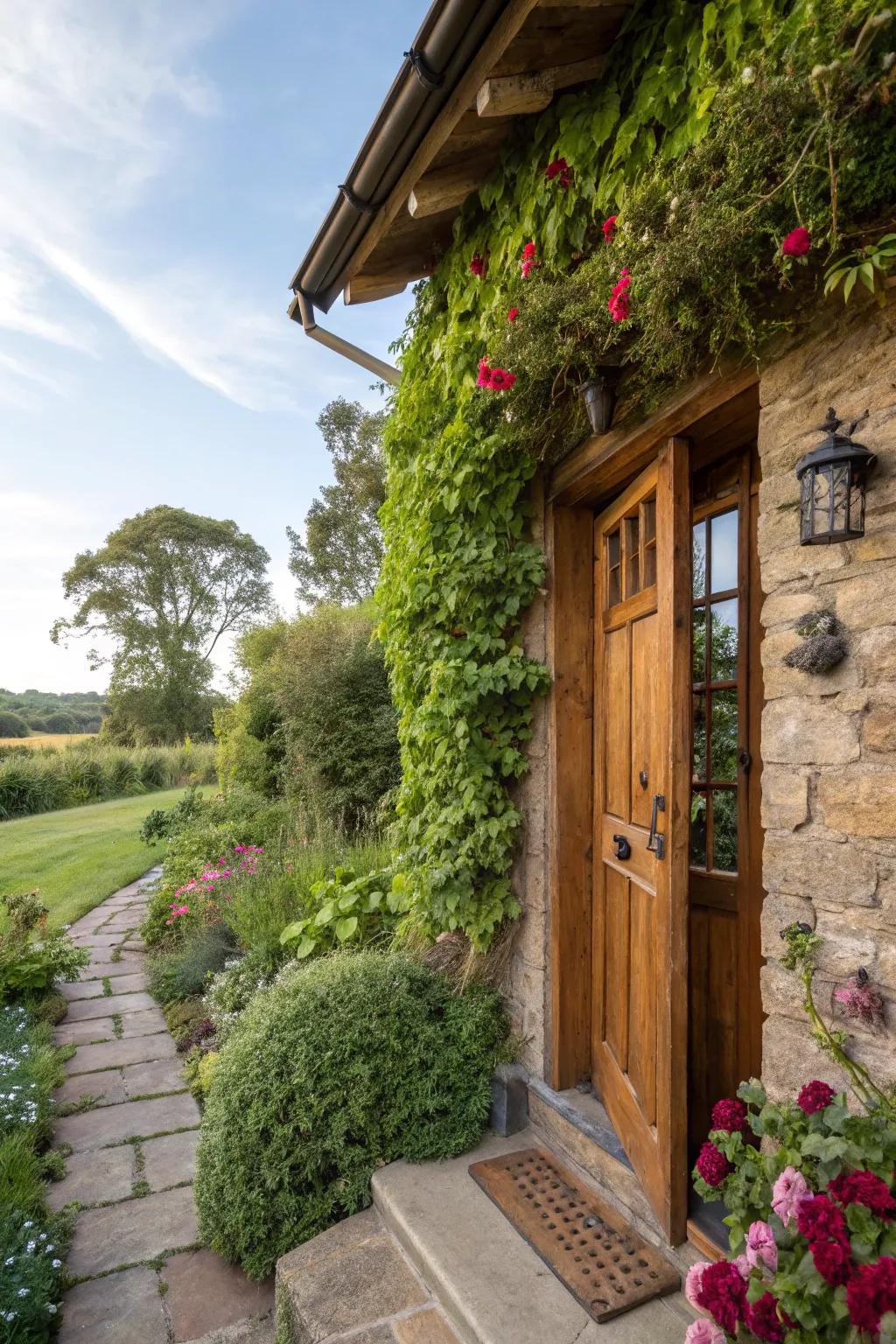 A living wall adds greenery next to a cottage door.