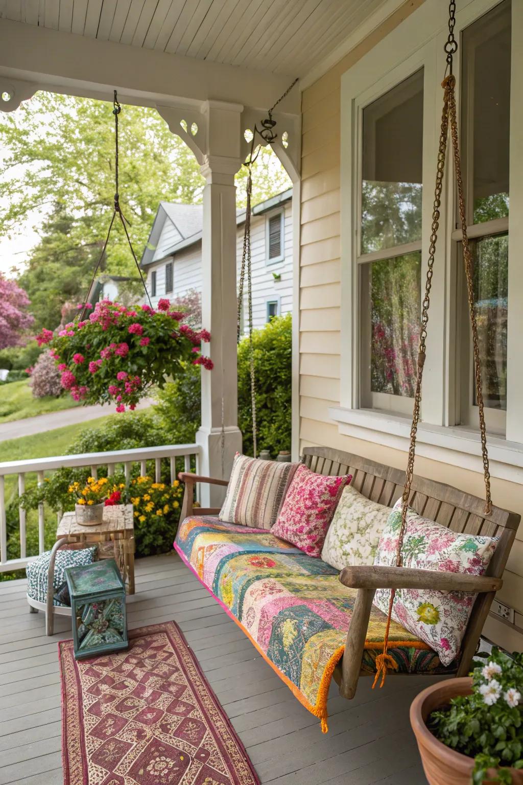 A vibrant cottage porch with colorful textiles and cozy seating.