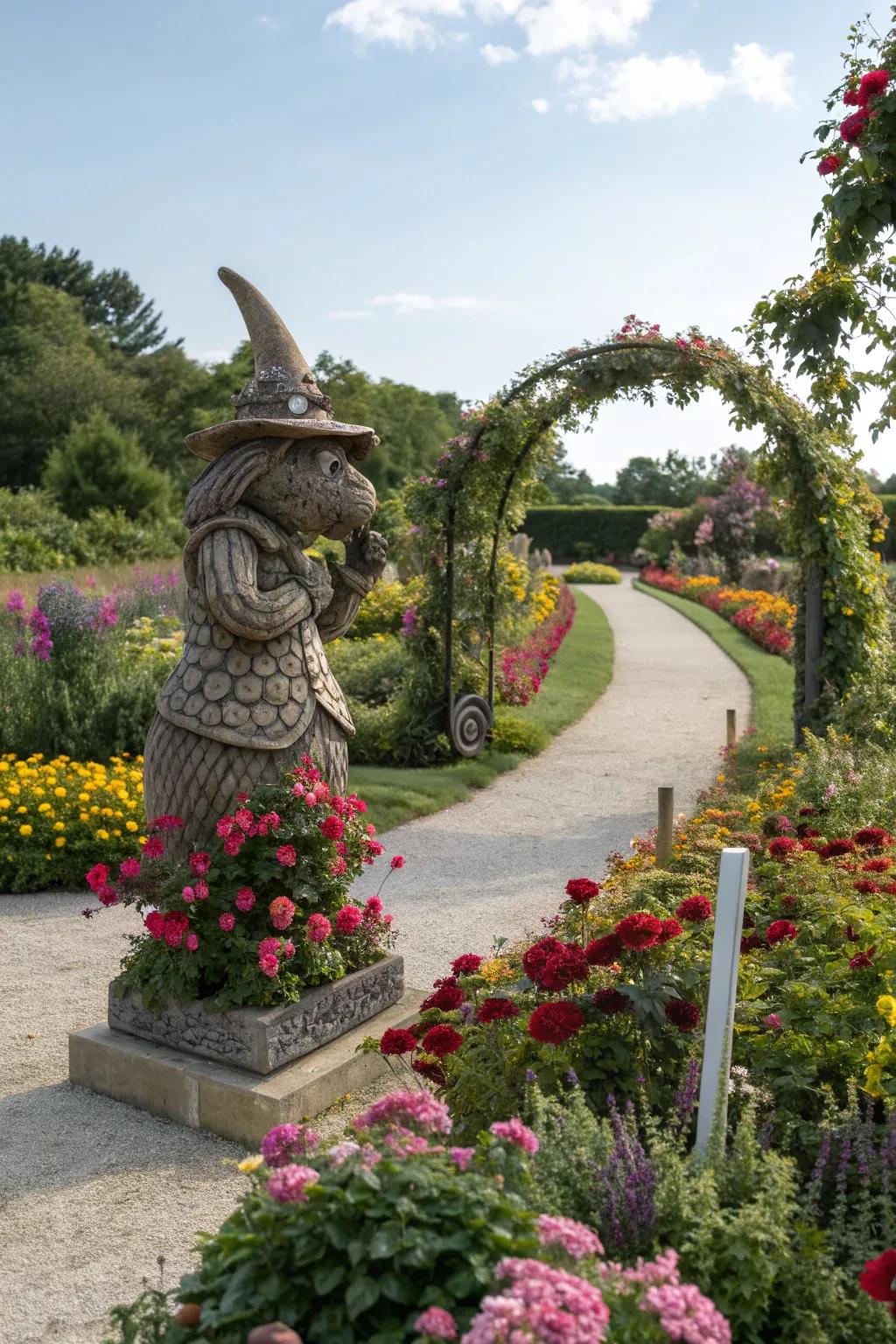 A playful sculpture adds surprise and charm to the garden.