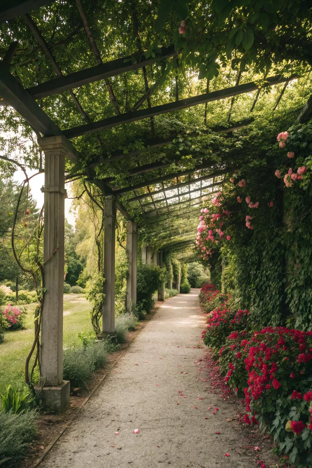 Pergola with vines creating a shaded, magical garden path.
