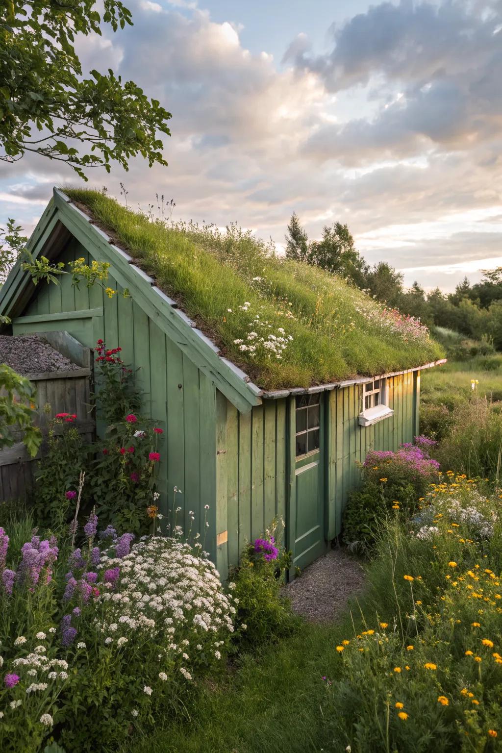A green roof integrates this shed seamlessly into the garden.