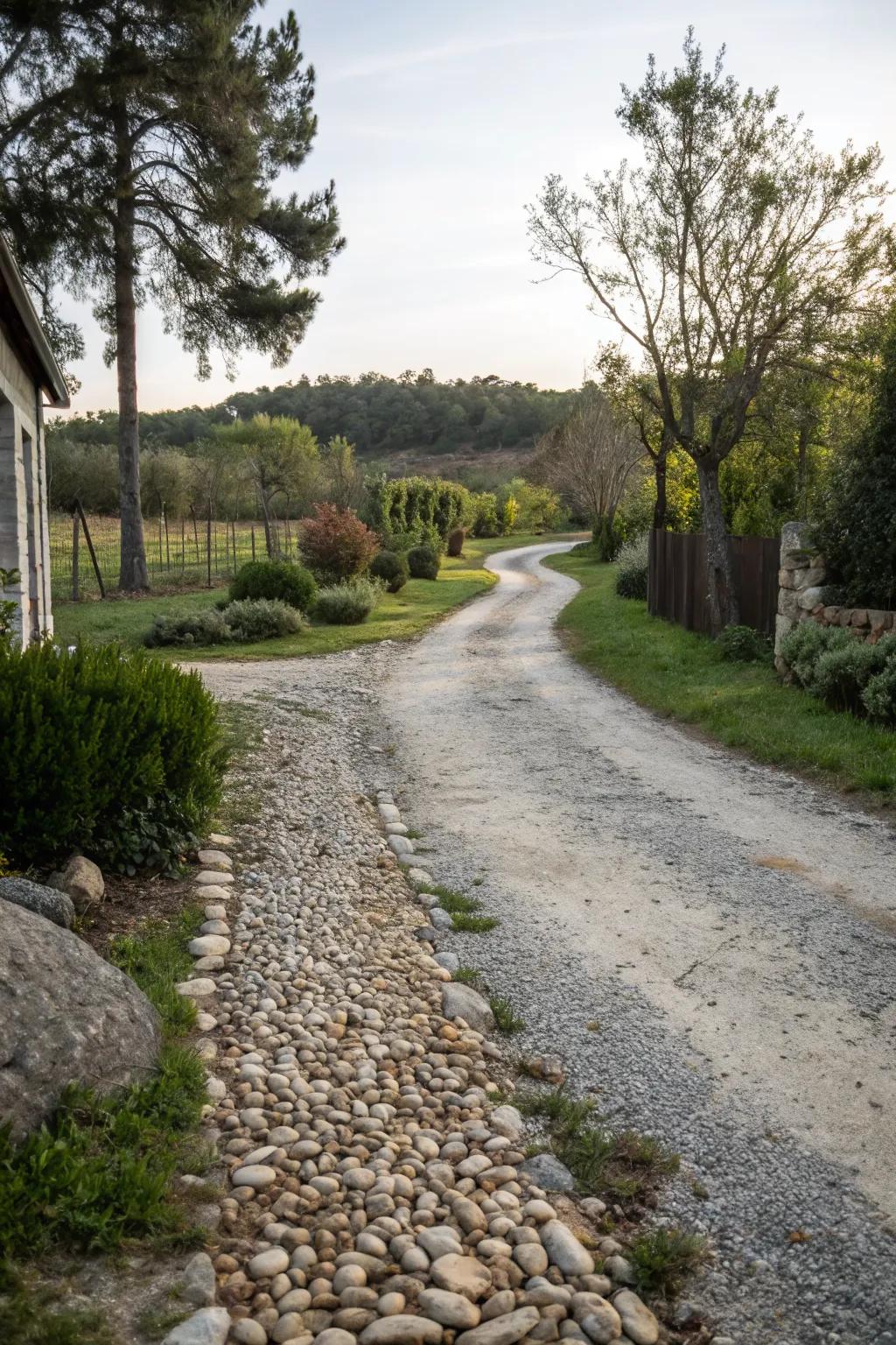 A mixed material driveway combining gravel and stone for a unique and textured look.