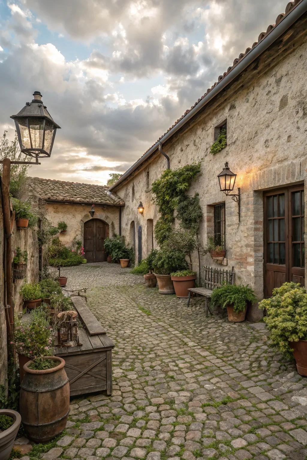 A courtyard exuding rustic charm with cobblestone paving.